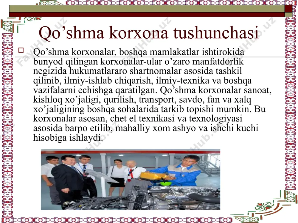 iste’moli tovarlari ishlab chiqarish uchun qulay sharoitlar yaroatadi. qo’shma korxonalarning tashkil etilishi mamlakatlar iqtisodiyotini rivojlantirishni jadallashtiradi va xalqaro doirada mavqei ortishiga olib keladi.qo’shma korxonalarning ahamiyatli tomoni olingan foydani taqsimlash, sarfni qoplash, korxona faoliyatini doimiy ravishda takomillashtirib borishdadir. chet el investistiyalarini respublikamiz iqtisodiyotiga jalb etish to’g’risidagi qonun-hujjatlariga binoan, korxonaning nizom fondiga ta’sischilarning o’z ulushi bo’yicha ishtirok etishi, korxonalarning mulki, akstiyasi va boshqa turdagi qog’ozlarni sotib olishi, mahalliy fuqarolar bilan birgalikda yoki mustaqil ravishda erlarni sotib olish ko’rinishlarida ko’proq jalb etilmoqda. qo’shma korxonalar tashkil etish – bu murakkab jarayon hisoblanadi. assostiastiyaning ustavi assostiastiyaning ustavi - uning ta’sis hujjati hisoblanadi. uning nomi va unga kiruvchi konstern, sohalararo davlat birlashmasi, xo’jalik assostiastiya, konsorstiumlar, assostiastiya rahbarligi organlarining joylashgan joyi, ularning asosiy vazifalari, huquqlari, majburiyatlari, a’zolik prinstiplari va boshqalar ko’rsatilgan. assostiastiya ustavi - mahalliy kengashlar ijroiya qo’mitasida tasdiqlanadi. assostiastiya assostiastiya - o’z ixtiyori bilan birlashgan qo’shma korxona bo’lib asosiy vazifasi xo’jalik faoliyatini yuqori darajada birgalikda xo’jalik …
