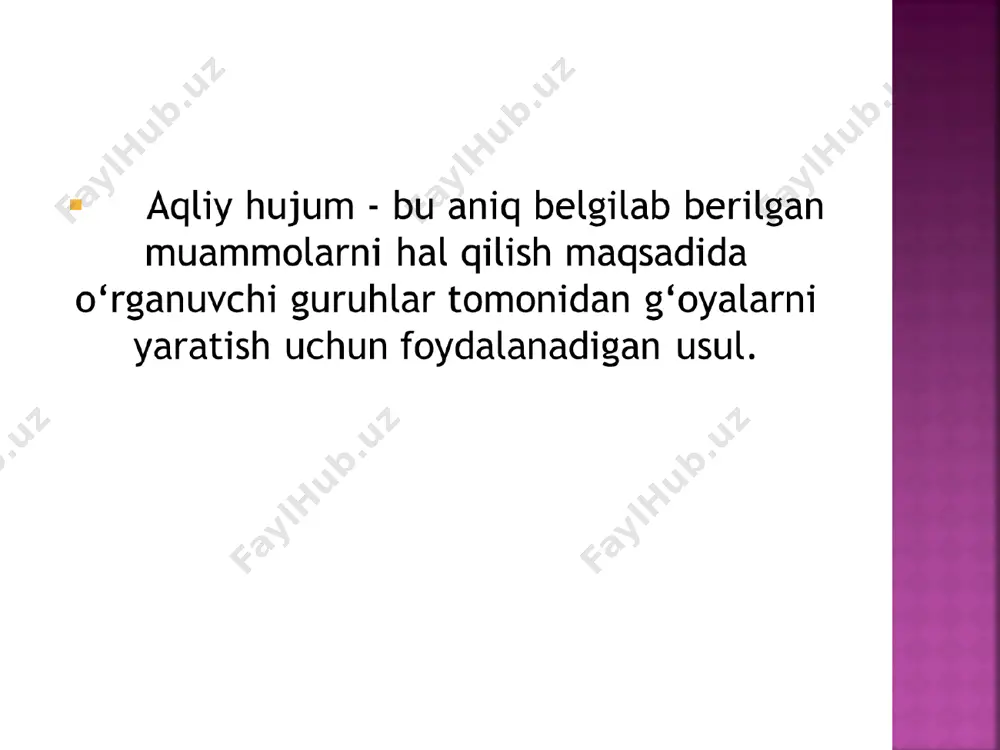 noma’lumlik, introvertlar uchun osonroq, taraqqiyotni qayd etish ancha oson, shuningdek uzoq muddatli loyihalar uchun mos keladi, g‘oyalar bir-biri bilan munosabatda bo‘lishi mumkin, turli xil fikrlar portfeli, ish kunida osonlikcha birlashtiriladi (diagrammalar, eskizlar) joyga bog‘liq, o‘z-o‘zidan paydo bo‘ladigan joy kam, g‘oyalarning tartibsiz oqimi, uzoq loyiha muddati, nisbatan yuqori rejalashtirish xarajatlari, yuqori moddiy xarajatlar o‘rta va katta guruhlar, uyatchan ishtirokchilar bilan guruhlar, xalqaro guruhlar ijodiy sohalar vizual tarkibiy qismlarga ega loyihalar (dizayn, kompaniyaning logotipi va boshqalar) bo‘sh daftar usuli vaqtdan mustaqil, ixtiyoriy noma’lumlik, introvertlar uchun osonroq, taraqqiyotni qayd etish ancha oson, shuningdek uzoq muddatli loyihalar uchun mos keladi, g‘oyalar bir-biri bilan munosabatda bo‘lishi mumkin, turli xil fikrlar portfeli, ish kunida osonlikcha birlashtiriladi (diagrammalar, eskizlar) joydan mustaqil, o‘z-o‘zidan paydo bo‘ladigan joy kamroq, g‘oyalarning tartibsiz oqimi, loyihalarning uzoq muddatlari o‘rta va katta guruhlar, uyatchan ishtirokchilar bilan guruhlar, xalqaro guruhlar ijodiy sohalar vizual tarkibiy qismlarga ega loyihalar (dizayn, kompaniyaning logotipi va boshqalar) garchi bu usul …