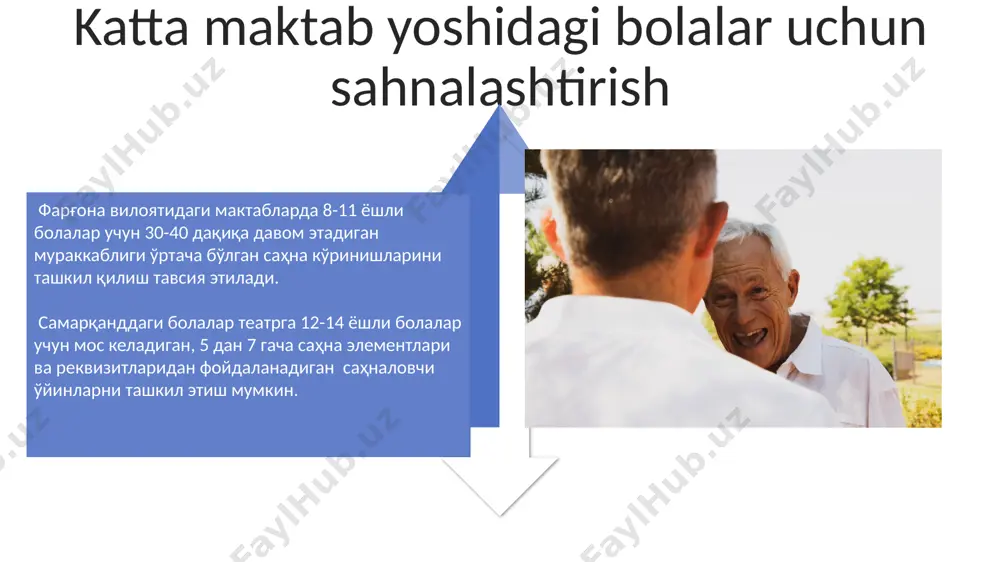 rak, chunki ularning e'tiborini uzoqroq ushlab turish qiyin. bu yoshdagi bolalar uchun oddiy, tushunarli matn va 2-3 ta oddiy harakatlar yetarli. andijon viloyati bolalar bog'chalarida sahnalashtirish mashg'ulotlarida qo'g'irchoq teatri, tabiat manzaralari va 5-7 ta sodda rekvizitlardan foydalanish tavsiya etiladi, bu ularning tasavvuri va ijodiy qobiliyatlarini rivojlantirishga yordam beradi. har bir yosh guruhi uchun sahnalashtirishning o'ziga xos xususiyatlari 10-12 ёшли ўсмирлар учун саҳна кўринишларини яратишда мураккаброқ ҳаракатлар ва диалогларни қўллаш, ҳаттоки, 15-20 кишилик гуруҳда ишлаш малакасини ривожлантиришга эътибор бериш керак. 5-7 ёшли болаларда саҳналаштиришда оддий, 2-3 та асосий ҳаракатлар ва ёрқин либослардан фойдаланиш, масалан, эртак персонажларининг кийимларини тошкентдаги дўконлардан харид қилиш самарали бўлади. yosh guruhlari bo'yicha sahnalashtirish faoliyatining vazifalari yosh guruhlari bo'yicha sahnalashtirish faoliyatining vazifalariga 5-7 yoshdagi bolalar uchun 2-3ta asosiy obrazni ifodalash, 8-12 yoshdagi o'quvchilar uchun esa murakkabroq syujetli pyesalarda 5-7 ta obrazni o'ynash kiradi. 13-16 yoshdagi o'smirlar uchun sahnalashtirishda psixologik jihatlarni chuqurroq ochib berish, masalan, shekspir asarlaridan parcha sahnalashtirish …