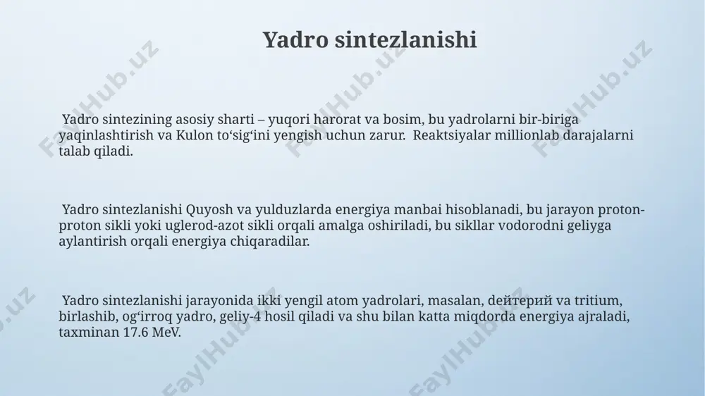 tansiyalarida yadro reaksiyalari natijasida hosil bo'lgan issiqlik energiyasi yordamida 1 gvtgacha elektr energiyasi ishlab chiqariladi. yadro fizikasi yordamida 100 dan ortiq radioizotoplar ishlab chiqariladi, ular tibbiyotda diagnostika va davolash (masalan, saraton terapiyasi)da qo'llaniladi. yadro parchalanishi kritik massa tushunchasi yadro parchalanish reaksiyasining o'z-o'zini ushlab turishi uchun zarur bo'lgan minimal miqdordagi parchalanuvchi moddaning massasini bildiradi; masalan, uranium-235 uchun bu massa taxminan 50 kg. yadro parchalanishining asosiy mexanizmi – uranium-235 yadrosi neytron bilan o'zaro ta'sirlashganda, issiqlik ajralishi bilan ikkita engil yadroga bo'linishi va 2-3 ta qo'shimcha neytron hosil bo'lishi hisoblanadi. yadro parchalanish reaksiyasi zanjiri reaksiyasi bo'lib, bir parchalanishdan hosil bo'lgan neytronlar boshqa yadrolarni parchalaydi va bu jarayon yuz minglab marta takrorlanishi mumkin, shunda katta miqdordagi energiya chiqadi. atom yadrosi tuzilishi yadro radiusi taxminan 10⁻¹⁵ metr bo'lib, atom radiusiga (10⁻¹⁰ metr) nisbatan ancha kichikdir, bu yadroning atom hajmining juda kichik qismini egallaganligini ko'rsatadi. yadro kuchlari, kuchli o'zaro ta'sirlar tufayli, protonlarni yadro ichida bir-biriga yaqin …