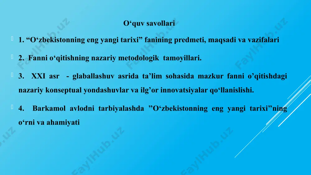 nish muhim ahamiyat kasb etadi. dialektik metodologiya barcha mamlakat va xalq tarixini, shuningdek, o’zbekistonning eng yangi tarixini jahon xalqlari tarixi bilan bog’liq xolda o’rganishni talab etadi. 1998 yildagi “ o’zbekistonning yangi tarixi markazi” haqidagi. “o’zbekiston fa tarix instituti faoliyatini takomillashtirish to’g’risida”gi qarorlar “o’zbekiston tarixini yaratish kontsepsiyasi”ning ishlab chiqilishi va ayniqsa, o’zbekiston respublikasi prezidenti sh.m.mirziyoyevning 2017 yil 30 iyundagi “o’zbekiston respublikasi fanlar akademiyasi huzurida o’zbekistonning eng yangi tarixi bo’yicha jamoatchilik kengashi faoliyatini tashkil etish to’g’risida”gi qarori o’zbekistonning eng yangi tarixini zamonaviy tarzda o’rganishning nazariy-metodologik asoslarini shakllantirishga turtki bo’lib xizmat qiladi. shu jihatdan tarixni yoritish va o’rganishda birinchi navbatda bilish nazariyasining dialektik metodidan foydalanish muhim ahamiyat kasb etadi. olam yagona va yaxlit, barcha hodisa-voqealar umumiy va o’zaro bog’liqlikda, uzluksiz harakatda, ziddiyatli taraqqiyotda bo’lishi dialektika tamoyillaridir. bugungi tarixiy voqea hodisalarni tahlil etish, yoritish va o’rganishda xolisona, xaqqoniy, adolatli va ilmiy yondashuv ham muhim metodologik qoida hisoblanadi. tarixiy jarayonni o’rganishda ijtimoiy tizim tamoyiliga ham …