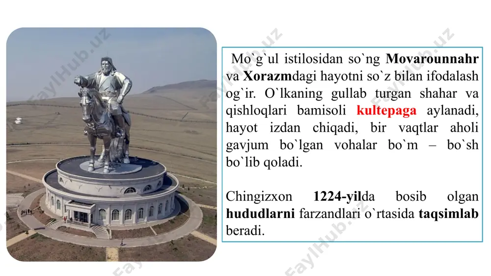 iradi. unda «bundan keyin tog` va cho`llarda yashashga, shahar atroflarida manzil qurmaslikka, chorvani ekinzorlarda o`tlatmaslikka va bekordan bekorga jarima va soliq olmaslikka» qaror qiladilar. movarounnaҳr ҳukmdori mas'udbek pul isloҳoti o`tkazadi. u o`lkaning 16 ta shahar va viloyatlarida, bir xil vazn va o`lchovlarda yuqori qiymatga ega bo`lgan sof kumush tangalar zarb ettirib, muomalaga kiritgan. mo`g`ul amaldorlarining mahalliylashishi chig`atoy xoni bo`lgan duvoxon (1291 – 1306 yil) andijon shahriga asos solingan chig`atoyning nabirasi muborakshoh (1264 yil) mo`g`ul hukmdorlaridan 1-bo`lib islomni qabul qilgan qarshi (mo`g`ulcha “saroy”) shahriga asos soldi chig`atoy xoni kebekxon (1318–1326 yil) kebekxon 1321- yilda og'irligi 8 grammlik katta kumush tanga- «dinor» hamda 1 grammlik kichik tanga- «dirham»ni zarb ettirdi. yangi pul «kepaki» nomi bilan mashhur bo'lgan. dinor dirham kepaki yer egaligi hususiy mulk vaqf mulki mulki inju suyurg`ol yerlar mulki devon image1.png image2.jpeg image3.jpeg image4.jpeg image5.jpeg image6.png image7.jpeg image8.jpeg image9.png image10.jpeg image11.jpeg image12.jpeg image13.jpeg image14.jpeg image15.jpeg image16.png image17.jpeg image18.jpeg image19.jpeg image20.jpeg …