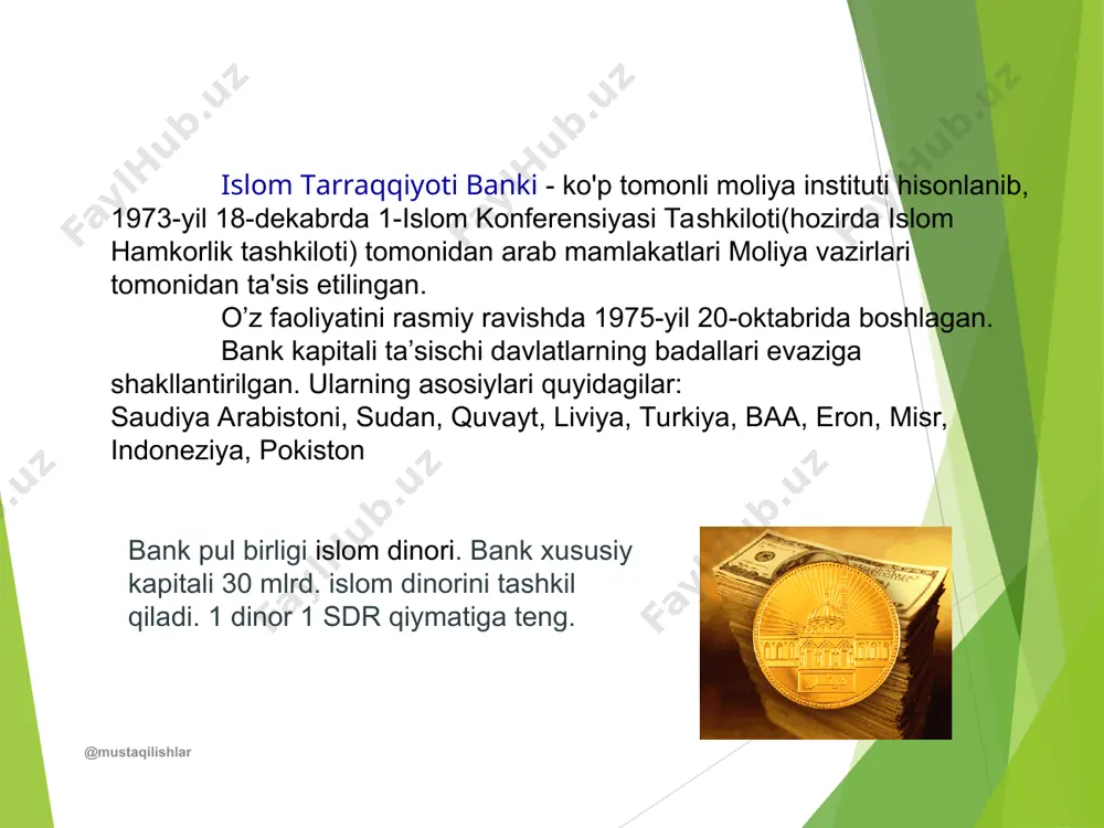 pas rivojlanga a’zo mamlakatlarga; a’zo mamlakatlarni iqtisodiyotini har tomonlama rivojlanishini ta’minlashga; a’zo mamlakatlani yashash darajasini oshishiga ularning iqtisodiy va ijtimoiy ahvolini taraqqiy ettirish evaziga erishish. kredit olishga davogar tomon mos hujjatlarni taqdim etishi kerak. shundan so’ng bank prezidenti ijrochi direktorlar kengashi ko’rib chiqishi uchun yozma bayonnomani taqdim etadi. bank o’zi ajratayotgan kreditlar qat’iy belgilangan tartibda foydalanilishi uchun barcha choralarni ko’rishi kerak. aksionerlik kapitaliga investitsiya qilish jarayonida bank boshqa davlatlarga ajratilgan kreditlar bilan ushbu kreditlarni ratsional taqsimlanishini ta’minlashi kerak. bank asosiy e’tiborini a’zo mamlakatlar o’rtasida iqtisodiy aloqalarni o’rnatuvchi loyihalarga qaratishi lozim. bank loyihani chet el valutasida, ba’zida esa, ayniqsa, pas rivojlangan a’zo davlatlarga milliy valutasida kredit ajratishi mumkin. moliyalshtirish: @mustaqilishlar @mustaqilishlar bank kreditlari aqsh dollarida bo’lishi kerak, istisno hollardan tashqari. kredit bo’yicha barcha majburiyatlar bank tomonidan qabul qilingan, erkin konvertatsiyalanadigan valutada amalga oshirilishi shart. bankga a’zo mamlakat bank hisob-raqamidagi o’z milliy valutasidagi yoki boshqa biror valutadagi pullarini bank saqlashiga, foydalanishiga cheklovlar …