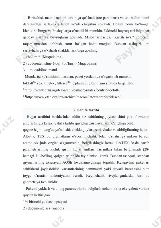 halarga o'xshash shaklda tarkibiga qo'shing. 1 \ bo'lim * {muqaddima} 2 \ addcontentsline {toc} {bo'lim} {muqaddima} 3 ... muqaddima matni mundarija ko'rinishini, masalan, paket yordamida o'zgartirish mumkin tokloft⁵³ yoki titletoc, titlesec⁵⁴ to'plamining bir qismi sifatida tarqatiladi. ⁵³http: //www.ctan.org/tex-archive/macros/latex/contrib/tocloft/. ⁵⁴http: //www.ctan.org/tex-archive/macros/latex/contrib/titlesec/. 2. sahifa tartibi hujjat tartibini boshlashdan oldin siz sahifaning joylashishini yoki formatini aniqlashingiz kerak. sahifa tartibi quyidagi xususiyatlarni o'z ichiga oladi: qog'oz hajmi, qog'oz yo'nalishi, chekka joylari, sarlavhalar va altbilgilarning holati. albatta, tex bu qiymatlarni o'zboshimchalik bilan o'rnatishga imkon beradi, ammo siz juda ozgina o'zgaruvchini belgilashingiz kerak. latex 2ε-da, tartib parametrlarining kichik qismi hujjat sinflari variantlari bilan belgilanadi (28-betdagi 3.1-bo'lim), qolganlari qo'lda tayinlanishi kerak. bundan tashqari, standart qiymatlarning aksariyati aqsh foydalanuvchisiga tegishli. kengaytma paketlari sahifalarni joylashtirish variantlarining hammasini yoki deyarli barchasini bitta joyga o'rnatish imkoniyatini beradi. keyinchalik rivojlanganlardan biri bu geometriya to'plamidir. paketni yuklash va uning parametrlarini belgilash uchun ikkita ekvivalent variant quyida keltirilgan. 1% birinchi yuklash opsiyasi 2 \ …