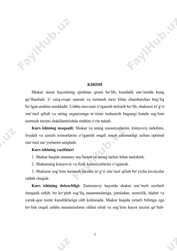 atlash mumkin. shu sababli ushbu mavzuni o‘rganish ilmiy, sog‘liqni saqlash va kundalik hayot nuqtai nazaridan ahamiyatlidir. shakar – bu karbon, vodorod va kislorod atomlaridan tashkil topgan kimyoviy birikma bo‘lib, uglevodlar turkumiga kiradi. odatda, shakar deganda saxaroza nazarda tutiladi, ammo u boshqa turlarga ham ega. shakar inson hayotida muhim energiya manbai sifatida foydalaniladi va kundalik ovqatlanishning ajralmas qismidir. saxaroza – ko‘pincha oshxona shakari deb ataladi. asosiy manbalari shakarqamish va lavlagi. glyukoza – mevalar, asalarining asosiy tarkibiy qismi; tez so‘riladi va energiya manbai hisoblanadi. fruktoza – mevalarda va asalda mavjud bo‘lib, tabiiy shirinlik beruvchi hisoblanadi. laktoza – sut tarkibidagi shakar; odamlar va hayvonlarning sutida uchraydi. maltosa – asosan don mahsulotlarida mavjud bo‘lib, pivo ishlab chiqarishda ishlatiladi. shakar asosiy ikki manbadan olinadi: shakarqamish – tropik mintaqalarda o‘stiriladi va saxarozaning asosiy manbai hisoblanadi. shakarlavlagi – sovuqroq iqlim sharoitida o‘stiriladi va saxaroza ishlab chiqarish uchun ishlatiladi. ishlab chiqarish jarayonida xomashyo avval maydalab olinadi, so‘ng maxsus …