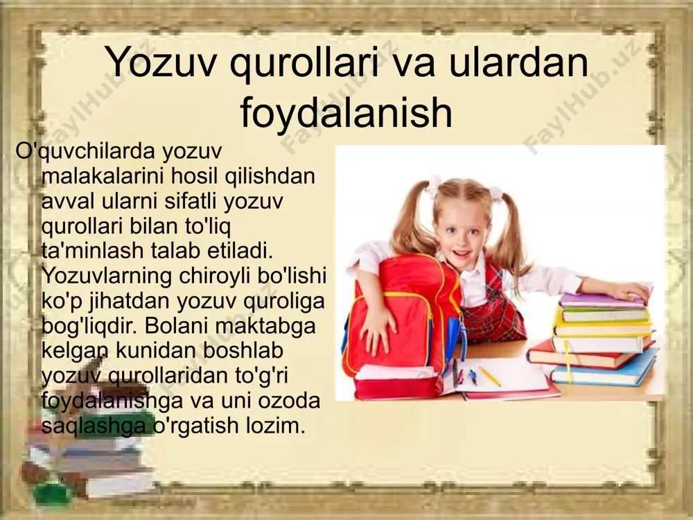 'xtalib o'tamiz. sinf doskasidan foydalanish maktablar uchun chiqarilgan sinf doskasi qora yoki to'q yashil randa bo'lishi lozim. sinf doskasining yuzi tekis bo'lib, juda silliq ham bo'lmasligi lozim, aks holda bo'r doskada sirpanib o'zuvning sifatiga salbiy ta'sir ko'rsatadi. sinf doskasini ikki turga bo'lish mumkin: biri domiy devorga osig'liq turadigan doska, ikkinchisi tik o'q atrofida aylanadigan ko'chma doska. bunday doskaning qulay tomoni shundaki, uni derazadan tushayotgan yorug'ga qarab burish mumkin. bunday doskachalarni mehnat darslarida yuqori sinf o'quvchilari ham yasab berishlari mumkin. sinf doskasi linoleumdan yoki taxtadan yasalishi mumkin. linoleumdan yasalgan sinf doskasi sifatli hisoblanadi, chunki taxtadan yasalgan doskalar xar yili bo'yalib turiladi. natijada bo'yoqlar qatlami hosil bo'lib, doskaga yozish vaqtida bo'r sirg'anib ketaveradi. sinf doskasi qoida bo'yicha eniga 1,200 mm, uzunligi 3000 mm bo'lishi lozim. sinf doskasining chetiga raqamlar qo'yilgan bo'lib, pastki qismida esa bo'r va latta uchun joy bo'lishi shart. boshlang'ich sinf o'quvchilari uchun doska poldan 85 sm yuqoriga o'rnatilgan bo'lishi …