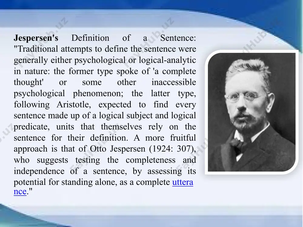 to account the difference between the sentence and the utterance. the distinction between the sentence and the utterance is of fundamental importance because the sentence is an abstract theoretical entity defined within the theory of grammar while the utterance is the actual use of the sentence. in other words, a sentence is a unit of language while the utterance is a unit of speech. b. ilyish classifies sentences applying two principles: 1) types of communication. applying this principle he distinguishes 3 types of sentences: declarative, interrogative, imperative. 2) according to the structure. applying this principle he distinguishes two main types of sentences: simple and composite. ch. fries gives an original classification of types of sentences. all the utterances are divided by him into communicative and non-communicative. the communicative utterances are in their turn divided into 3 groups: i. utterances regularly eliciting “oral” responses only: greetings, calls, questions. ii. utterances regularly …