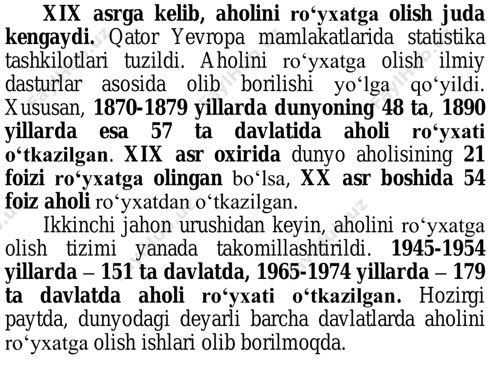 . kritik momentda tug‘ilganlar rо‘yxatga kiritiladi, kritik momentdan keyin tug‘ilganlar rо‘yxatga kiritilmaydi. kritik momentgacha vafot etganlar rо‘yxatga kiritilmaydi, lekin kritik momentdagi kishi vafot etganda esa tiriklar qatorida rо‘yxatga kiritilgan bо‘ladi. aholi rо‘yxati kо‘p hollarda yashash joylarida о‘tkazilgani sababli kritik moment sifatida kechki soat 12 olinadi, ba’zi hollarda bundan chekinish ham mumkin, lekin natija kо‘ngildagidek bо‘lmaydi. rо‘yxatga olish kunini belgilashda quyidagilar e’tiborga olinadi: aholi kamroq harakat qiladigan kun bо‘lishi; hisobchilarning ish sharoiti va harakat qilish usuli rо‘yxatga olish uchun qulay bо‘lishi; aholi rо‘yxati boshqa rо‘yxatlar bilan birga о‘tkazilganda ikkinchi tomonning manfaati ham e’tiborga olinishi; rо‘yxatga olinadigan kun yil boshlarida bо‘lgani ma’qul, chunki yil boshida aholi bо‘yicha lozim bо‘lgan hisob- kitoblarni amalga oshirish osonroq kechadi. dunyoning kо‘p mamlakatlarida (turkiya, iroq, liviya, paragvay va h.k.) aholi rо‘yxatga olish bir kunda о‘tkaziladi. shu kuni hukumatning maxsus qarori bilan aholining uydan chiqishi (rо‘yxatdan о‘tmaguncha) man etiladi. rо‘yxatga olishning bunday usulda о‘tkazilishi, aholi uchun noqulaylik yaratadi …
