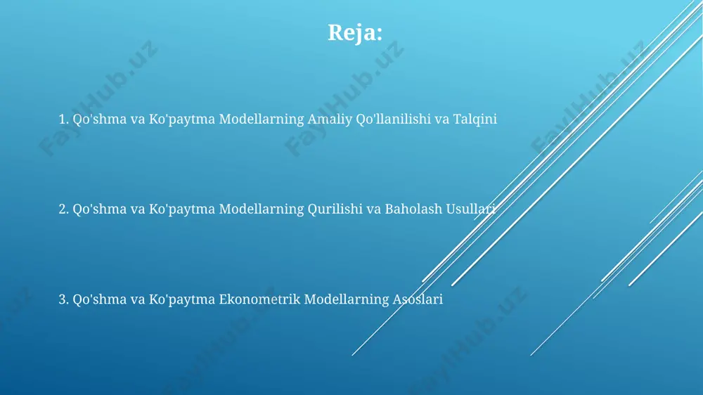 i ma'lumotlarni (1000 dan ortiq o'zgaruvchilar) qamrab oladigan murakkab qo'shimcha va ko'paytma modellarning samaradorligini baholashga qaratilishi mumkin. noaniqlikni hisobga oluvchi bayes usullaridan foydalanib, qo'shimcha va ko'paytma modellarni 0.05 dan kam bo'lgan p-qiymatlar bilan taqqoslash orqali ishonchlilik darajasini oshirish bo'yicha tadqiqotlar o'tkazish mumkin. modellarning amaliy qo'llanilishi moliyaviy modellashtirishda, xavfni baholash uchun portfelning kutilayotgan rentabelligi va standart og'ishishi (masalan, 15% va 8%) kabi parametrlarni o'z ichiga olgan ko'paytma modellar qo'llaniladi. modelning amaliy qo'llanilishi iqtisodiy prognozlashda, masalan, yalpi ichki mahsulotning 3% ga o'sishi yoki inflyatsiyaning 5% ga pasayishini bashorat qilishda muhim rol o'ynaydi. marketing tadqiqotlarida, mijozlarning xarajatlarini 10% ga oshirish potentsialini baholash uchun regressiya modellari, xususan, qo'shimcha va ko'paytma modellari keng qo'llaniladi. qo'shma modellarning afzalliklari va kamchiliklari qo'shma modellarning yuqori moslashuvchanligi (r²) ko'rsatkichi yuqori bo'lishi mumkin, lekin bu modelning haqiqiy ma'lumotlarga mos kelishini bildirmaydi, chunki haddan tashqari moslashuv (overfitting) xavfi mavjud. qo'shma modellarda 5% dan kam bo'lmagan p-qiymati statistik jihatdan ahamiyatli deb hisoblanadi. …