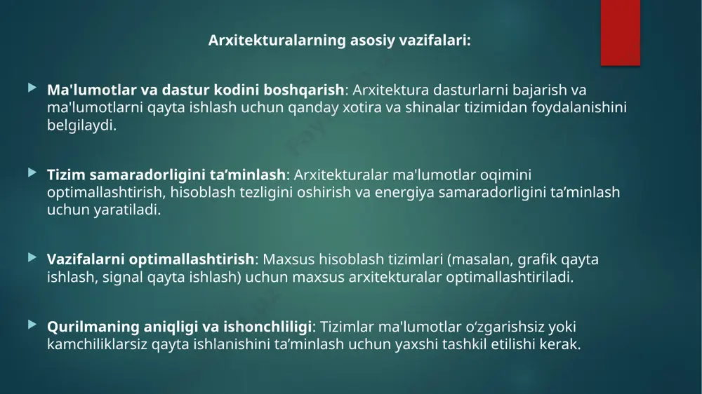 a bajaradi. intel protsessorlari cisc asosida ishlab chiqilgan. risc (reduced instruction set computer) arxitekturasi esa oddiy va tez bajariladigan ko‘rsatmalar to‘plamiga ega bo‘lib, bu protsessorning ish tezligini oshirishga qaratilgan. arm, mips, va powerpc protsessorlari risc arxitekturasidan foydalanadi. cisc va risc tarixi: 1970-1980-yillar: cisc va risc arxitekturalarining rivojlanish davri. 1990-yillar va hozirgi davr: risc arxitekturasi mobil qurilmalarda keng qo‘llaniladi. mimd va simd arxitekturalari: mimd (multiple instruction, multiple data) va simd (single instruction, multiple data) arxitekturalari parallel hisoblash uchun mo‘ljallangan. gpular va superkompyuterlar simd yoki mimd arxitekturalarini qo‘llaydi. image6.png image2.png image3.png image4.png image5.png /docprops/thumbnail.jpeg
