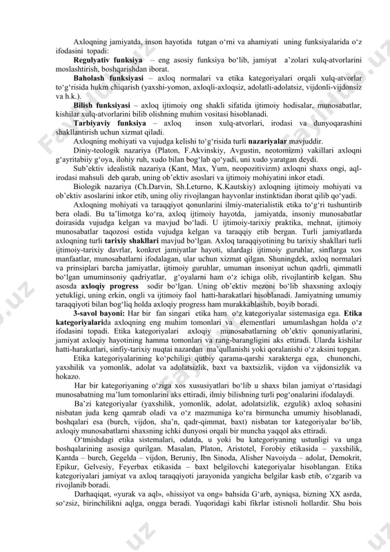 g muhim masalalarini hal qilishga uringanlar. xulosa qilib aytganda, etikani faqatgina turli xil etika nazariyalari emas, balki real harakatdagi, jonli axloq qiziqtiradi, boshqacha aytganda, uni birinchi navbatda o‘z predmetining ob’ektiv dialektikasi qiziqtiradi. etika fani axloqni turli tomonlardan, nuqtai nazarlardan o‘rganadi. bu uning turli aspektlari (sohalari)ni hosil qiladi: axloqning umumiy nazariyasi – axloqning tabiati, mohiyati, o‘ziga xos xususiyatlari, tarkibi, axloq, rivojlanishi, uning jamiyatdagi o‘rni va ahamiyati kabi metodologik, umumiy-nazariy masalalarini o‘rganadi. tarixiy etika - axloq va axloqiy nazariyalarning tarixan vujudga kelishi, taraqqiyoti qonunlarini o‘rganadi. etik aksiologiya – axloqiy qadriyatlar, yaxshilik va yomonlik masalalarini tadqiq etadi. axloq genealogiyasi – axloqning vujudga kelishi masalalarini o‘rganadi. axloq sotsiologiyasi – axloqning boshqa ijtimoiy hodisalar, ijtimoiy hayotning turli sohalari bilan o‘zaro aloqalarini tadqiq etadi (axloq va iqtisod, axloq va siyosat, axloq va fan, axloq va din, axloq va madaniyat, axloq va san’at va h.k.). professional etika – axloqning turli kasblar doirasida o‘ziga xos amal qilish xususiyatlari, …