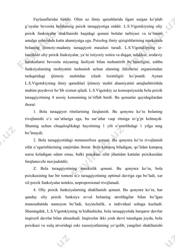 olib, yangilari shakllanishi dav​rida ro’y beradi. demak, l.s.vigotskiy psixologiyada madaniy-tarixiy yondashuvga asos solgan. a.n.leontyev (1903-1979) - mashxur rus psixologiya faoliyat naza​riyasining asoschilaridan biri. faoliyat nazariyasi ong va faoliyat birligi tamoyili bilan bog’liq. ushbu nazariyaga ko’ra, faoliyat subyektning predmetli olam bilan bo’lgan ta’sirlashish jarayoni bo’lib, bu jarayon unga o’z ehtiyojlarini qondirishi uchun imkoniyat beradi. faoliyat - bu faol maksadra yo’naltirilgan jarayondir. predmetlilik faoliyat bilan bog’liq ehtiyoj - individdan tashqarida bo’lgan, ammo individ normal hayot kechirishi shaxsning rivojlanishi uchun kerak bulgan narsalarga nisbatan zaruratni his etish holati. motiv ehtiyojning namoyon bo’lish shakli insonni faoliyatga undaydigan sa​bab ya’ni faoliyatning nima uchun amalga oshirilayotganligidir. u yoki bu motiv insonni muayyan maksadni qo’yishga undaydi. maqsad - faoli​yatning kutilayotgan natijasi. faoliyat quyidagi darajalarga ega bo’ladi: 1. maxsus faoliyat turlari darajasi; 2: harakatlar darajasi; z. operasiyalar darajasi; 4. psixofiziologik funksiyalar darajasi. v.n. myasishchev (1892-1973)-rus psixologi, shaxs munosabatlari kon​sepsiyasininr ijodkori. mazkur konsepsiyaga ko’pa, shaxsning asosini uning atrof olamga …