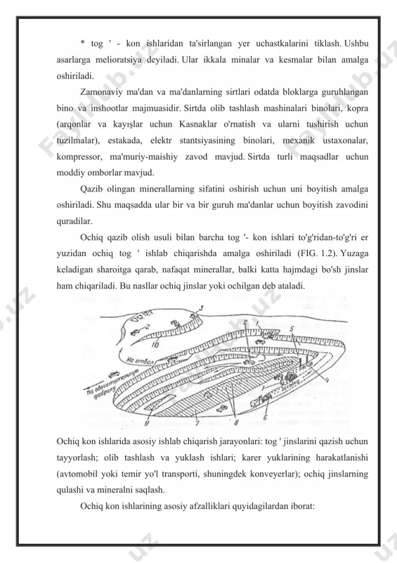 lanishining o'rtacha chuqurligi 30 m. geotexnik rivojlanish usullari sirtdan yoki kon qazishmalaridan quduqlarni burg'ilashga, mineralning jismoniy yoki kimyoviy holatini chuqurlikka o'zgartirishga va uni quduqlardan yuzaga chiqarishga asoslangan. qattiq foydali qazilmalarni transport holatiga o'tkazish mexanik halokat, eritish, eritish, kimyoviy va bakterial-kimyoviy ishlov berish orqali amalga oshiriladi. eng keng tarqalgan: er osti oltingugurt eritmasi, ko'mirning er osti gazlanishi va misning bakterial-kimyoviy eritilishi. dastur hajmi hali ham kichik. quduq qazib olish suyuq va gazsimon foydali qazilmalarni (neft va tabiiy gaz) olish uchun keng qo'llaniladi. neft konining rivojlanishi suyuqlik va gazni qatlamlarda ishlaydigan quduqlarga ko'chirish jarayonini amalga oshirishni anglatadi. suyuqlik va gaz harakati jarayonini nazorat qilish neft, inyeksiya va nazorat qilish quduqlari konida joylashtirish, ularni ishga tushirish miqdori va tartibi, quduqlarning ishlash tartibi va plastik energiya balansi bilan erishiladi. neft qazib olish jarayoni quyidagilarni o'z ichiga oladi: qatlamda va quduqda bosim farqi tufayli neftning quduq bo'ylab harakatlanishi; quduqdan sirtdagi og'ziga qadar neftning harakatlanishi; sirtdagi …