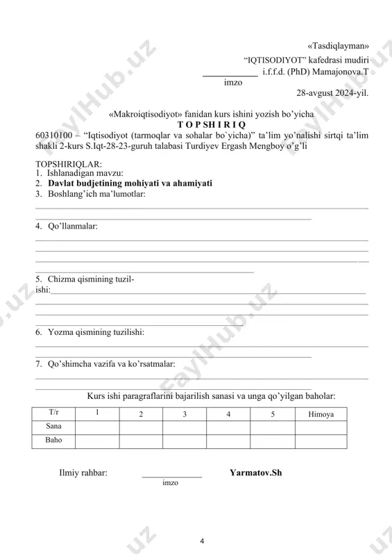 t » kafedrasi o’qituvchisi _____________ yarmatov.sh imzo davlat budjetining mohiyati va ahamiyati mundarija : kirish.............................................................................................8 asosiy qism 1. davlat byudjeti xarajatlarining nazariy asoslari....................................12 2. davlat byudjetining shakllanish manbalari va xarajat yo‘nalishlari .........................................................................................17 3. o‘zbekiston respublikasida davlat byudjetining mohiyati va amaliy ahamiyati.....................................................................................21 4. davlat byudjeti samaradorligini oshirish va uni takomillashtirish yo‘llari………………………………………………………………….25 i. xulosa.......................................................................................29 ii. foydalanilgan adabiyotlar......................................................32 reja : 1. davlat byudjeti xarajatlarining nazariy asoslari 2. davlat byudjetining shakllanish manbalari va xarajat yo‘nalishlari 3. o‘zbekiston respublikasida davlat byudjetining mohiyati va amaliy ahamiyati 4. davlat byudjeti samaradorligini oshirish va uni takomillashtirish yo‘llari kirish kurs ishi mavzusining dolzarbligi. hozirgi globallashuv va iqtisodiy islohotlar davrida davlat budjeti nafaqat iqtisodiy barqarorlikni ta’minlovchi muhim vosita, balki ijtimoiy adolat, infratuzilmaviy rivojlanish va mamlakatning strategik maqsadlarini amalga oshirishda hal qiluvchi ahamiyat kasb etmoqda. har bir mamlakatda davlat budjeti orqali iqtisodiyotning turli sohalariga mablag‘ yo‘naltiriladi, aholi farovonligini oshirishga xizmat qiluvchi loyihalar moliyalashtiriladi, kambag‘allik va ishsizlik kabi ijtimoiy muammolar bartaraf etiladi. …