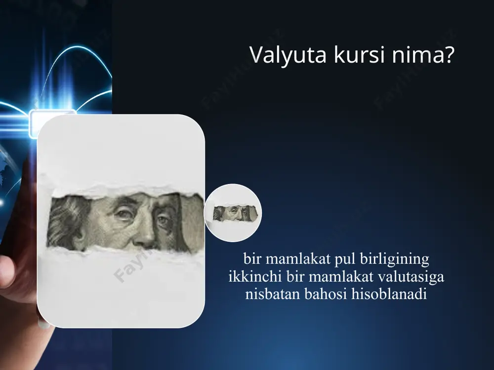 vard valuta kurslaridan foydalaniladi. bankning valutalarni sotish va sotib olish kurslari o‘rtasidagi farq marja yoki spred deb nomlanadi spot operatsiyasi bitim kunini hisobga olmagan holatda, ikki ish kuni davomida valyutani ayirboshlash bitimini bildiradi. forvard valyuta bitimi valyuta bo’yicha bitim imzolangan sanadan boshlab, ikki ish kunidan keyin amalga oshiriladigan to’lovni nazarda tutuvchi bitimdir. quyidagilar ushbu bitimning ayrim o’ziga xos bo’lgan jihatlari mavjud: 1 bu voz kechib bo’lmaydigan va majburiy shartnomadir. bitim tuzilgandan keyin mijoz bitimdan voz kechishga xaqqi yo’q. mijoz shartnomada ko’rsatilgan chet el valyutasini sotib olishi yoki sotishi shart. 2 bu bitim chet el valyutasidagi aniq bir summani tashkil etadi. mijoz bitimda ko’rsatilgan summadan ko’proq valyutani sotib olishga ham, sotishga ham haqqi yo’q. 3 bitim kelajakdagi aniq bir sanada bajarilishi shart (ikkita aniq sananing orasida). mijozda forvard bitimi bajarilish sanasini uzoqlashtirishga ham, yaqinlashtirishga ham vakolat yo’q. valyuta optsioni optsionni sotuvchi xaridor oldida kelajakdagi muayyan muddatda qat’iy belgilangan narx bo’yicha muayyan …