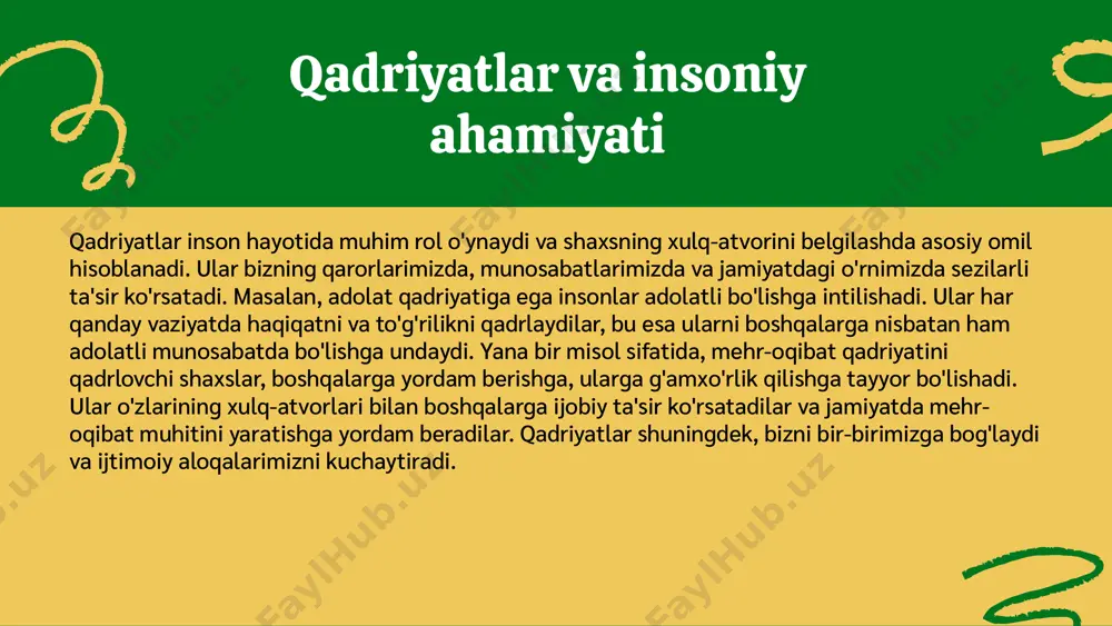zaga keladi. bu esa odamlar o'rtasidagi aloqa va hamkorlikni zaiflashtirishi mumkin. imkoniyatlar: yangi qadriyatlar va innovatsiyalar ijtimoiy aloqalarni yangilash va rivojlantirish uchun imkoniyat yaratadi. masalan, texnologik rivojlanish yangi kommunikatsiya usullarini taqdim etadi, bu esa insonlar o'rtasidagi munosabatlarni yanada kuchaytirishi mumkin. tahdidlar: ijtimoiy ziddiyatlar va qadriyatlarning yo'qolishi insoniy munosabatlarga salbiy ta'sir ko'rsatishi mumkin. o'zaro ziddiyatlar va ijtimoiy inqirozlar qadriyatlarning qabul qilinishini va ularni saqlab qolishni qiyinlashtiradi. qadriyatlar va insoniy munosabatlar: amaliyotda amaliyotdagi misollar keling, qadriyatlarning amaliyotda qanday namoyon bo'lishini ko'rib chiqamiz. qadriyatlar va insoniy munosabatlar o'rtasida o'zaro bog'liqlik mavjud. misol uchun, do'stlik qadriyatlari insonlar o'rtasida ishonch va yordamni rivojlantiradi. oila qadriyatlari esa, farzandlar tarbiyasida muhim rol o'ynaydi, ularning axloqiy asoslarini belgilab beradi. bu misollar orqali qadriyatlarning insoniy munosabatlarda qanday muhim ahamiyatga ega ekanligini ko'rishimiz mumkin. misollarning ahamiyati ushbu misollar, qadriyatlar insoniy munosabatlarga qanday ta'sir ko'rsatishini va ularni qanday rivojlantirish mumkinligini ko'rsatadi. har bir misol, turli vaziyatlarda qadriyatlarning ahamiyatini ochib beradi. masalan, …