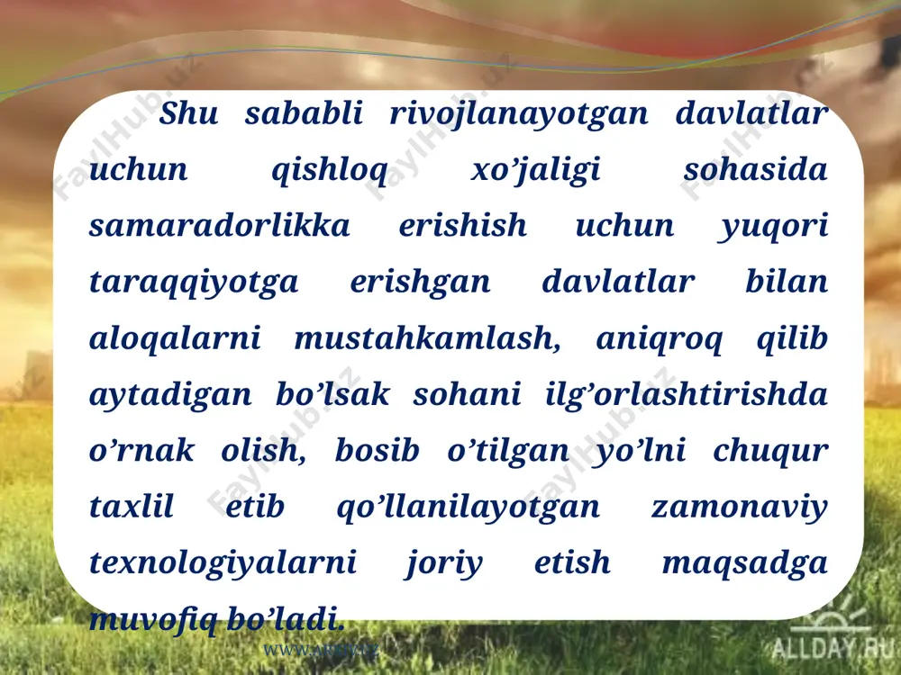 o’sht yo’nalishida esa 664ming, sut, tuxum va parrandachilik mahsulotlarini yetishtirish bilan esa qariyb 120ming fermer faoliyat yuritmoqda www.arxiv.uz www.arxiv.uz keyingi davrda chorvachilik bilan shug’ullanuvchi fermerlar soni 42% ga qisqargani holda, sut ishlab chiqarish 11% ga o’sdi. aqshda sut ishlab chiqarish bo’yicha yetakchi o’rinlarni kaliforniya, nyu york va pensilvaniya shtatlari egallaydi. mamlakatda asosan yirik shoxli qoramolning sutdor golshtin zotli sigirlar keng tarqalgan bo’lib, aqsh miqyosida 1 bosh sigirdan sog’ib olingan sutning o’rtacha miqdori 7710 kgni, yog’liligi esa o’rtacha 3.68% ni tashkil etadi sut ta’minotidagi yuqori natijalarga ishlab chiqarishni oqilona tashkil qilish, jarayonni avtomatlashtirish va kompleks mexanizatsiyalash hamda samarali ishlab chiqarish menejmenti tufayli erishilmoqda foydalanilgan saytlar. google.co.uz yandex.ru wikipediya.ru www.arxiv.uz e`tiboringiz uchun raxmat www.arxiv.uz image2.jpg image3.jpg image4.jpg image7.jpg image8.jpeg image11.jpeg image12.jpg