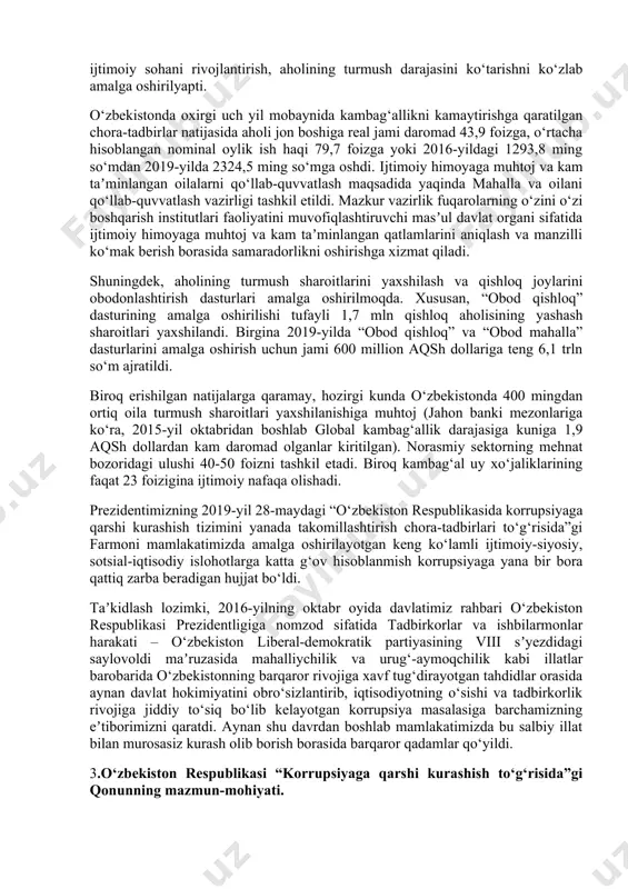 rning insonparvarligini ko‘rsatib turibdi. uy-joylar arzon narxlarda qurilsa, uni sotib oluvchilar soni ko‘payadi. eng muhimi, bu birinchi galda aholining uy-joyga o‘ta muhtoj qatlamining manfaatlarini o‘ylagan holda yo‘lga qo‘yildi. hozirgi paytda mamlakatimizning barcha mintaqalarida ikki sotixli namunali qishloq uylarini, shuningdek, ikki-uch xonali ko‘p qavatli uylarni qurish jadal davom ettirilyapti. bu borada, ayniqsa, imtiyozli kreditlar joriy etilganidan aholi bag‘oyat minnatdor. bugungi kunda poytaxtimiz katta uy-joy qurilishi maydoniga aylandi. xususan, sergeli tumani hududida jadal surʼatlar bilan bunyod etilayotgan har taraflama shinam, zamonaviy qulayliklarga ega arzon ko‘p qavatli uylar peshma-pesh bitkazilyapti. taʼlim, madaniyat, ilm-fan, adabiyot, sanʼatva sport sohalarini rivojlantirish ijtimoiy sohaning muhim yo‘nalishini tashkil etadi. bu borada o‘zbekiston respublikasi prezidentining “oliy taʼlim tizimini yanada rivojlantirish chora-tadbirlari to‘g‘risida” (20.04), “2017-2018 o‘quv yilida o‘zbekiston respublikasining oliy taʼlim muassasalariga o‘qishga qabul qilish to‘g‘risida” (05.05), “jismoniy tarbiya va ommaviy sportni yanada rivojlantirish chora-tadbirlari to‘g‘risida” (03.06), “madaniyat va sanʼat tashkilotlari, ijodiy uyushmalar va ommaviy axborot vositalari faoliyatini yanada rivojlantirish, …