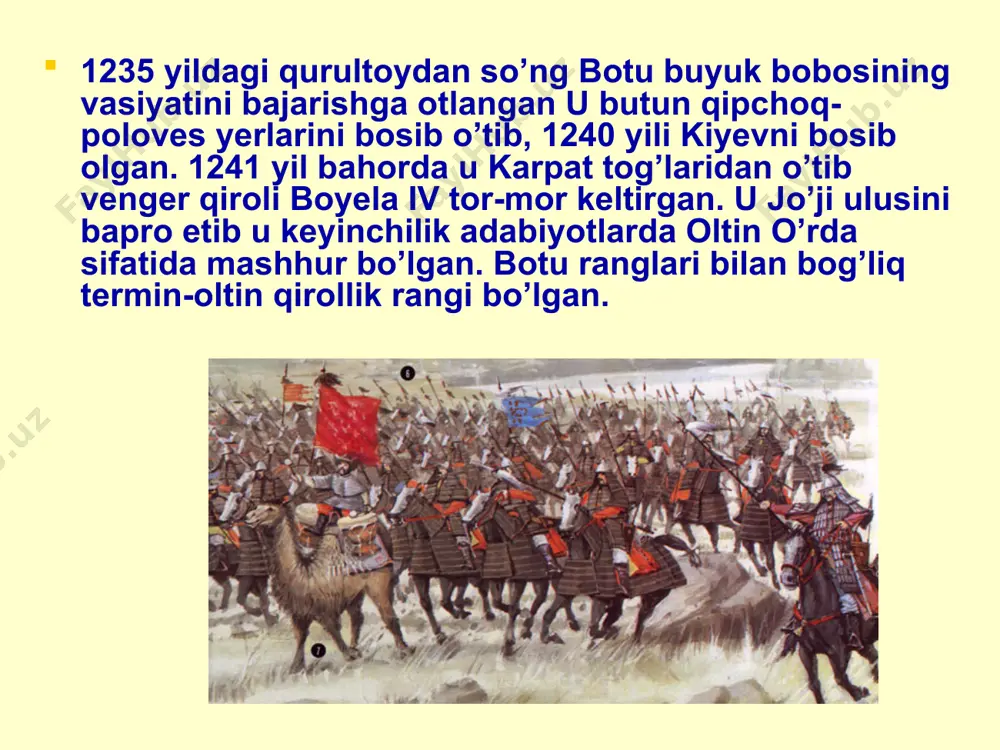 a parchalangan. amir temur oq o’rda taxtiga o’z odami to’xtamishni o’tkazgan. to’xtamish keyinchalik oltin o’rdaga hokimiyatni qo’lga olib, amir temurning vassali bo’lishi kerak edi. to’xtamish amir temur yordamida 1378 yil oq o’rdadagi hokimiyatni egallagan. u mamayni kulivo maydonida yengilganidan foydalanib unga janubdan zarba bergan va shu yili 1380 yil birlashgan oltin o’rda xoniga aylangan tez orada amir temur va to’xtamish o’rtasida nizolar boshlangan natijada 1391 yil volga bo’yidagi qunduzcha mavzeida ikki qo’shin to’qnash kelgan. to’xtamish qo’shini tor-mor qilingan, o’zi esa qo’shinini tashlab qochgan. amir temur uni uzoq ta’qib qilgan. 1395 yil to’xtamish o’z kuchlarini qayta tiklab amir temur bilan yana uchrashgan. jang terek daryosi bo’yida sodir bo’lgan. to’xtamish yana tor-mor etilgan oltin o’rda xondan toygan. chingizxon xuruji чингисхан mug`ullar harbiy kiyimi ching`izxonning o`rta osiyoni bosib olishi ching`izxonning o`rta osiyoni bosib olishi aqliy hujum. chingizxon qaysi faslda xorazmshohlar ustiga hujum qiladi?( kuzda) o’tror shahri qaysi daryo bo’yida joylashgan? (sirdaryo bo’yida) chingizxon …