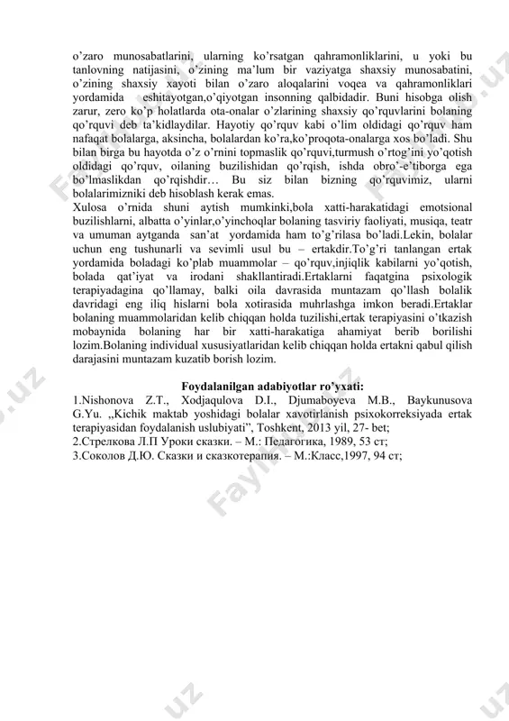 akdagi ,,bobo’’, ,,buvi’’, ,,sichqoncha’’ kabi so’zlar biroz tanish bo’lib,bu ertakni bola uchun qiziqarli qiladi hamda uyqu oldidan aytib berish uni tinchlantiradi. 3yoshdan keyin bolada obrazli tafakkur shakllana boshlaydi,u endi tasavvur qila oladi.ularga endi murakkabroq mazmundagi sehrli ertaklarni taklif qilish mumkin. ota-onalarga maslahatlar: 1.ota-onalar farzandiga ertakni o’qib emas,balki aytib bersalar maqsadga muofiqdir.chunki bu ota-onaga dilbandining ertakga qanday munosabat bildirganligini kuzatish imkonini beradi. qolaversa, ota-ona farzandi bilan birgalikda ertaklar olamiga sayr qiladi, bu esa bolaning unga yolg’iz sayohatidan ko’ra avzaldir. 2.bolalar o’zgalar tomonidan tasvirlangan obrazlarni yaxshiroq qabul qilish qobiliyatiga ega.shuning uchun farzandingizga ertak aytib berish chog’ida unda yozilgan barcha manzaralarni tasvirlab berishga harakat qiling. 3.bolangizga ertakni o’zi tanlash imkonini bering.agar u o’n martalab ,,qizil qalpoqcha’’ haqida eshitishni xoxlasa,demak bu bekorga emas.bu ertak uning ongi shakllanishiga nimadir bermoqda,unda qandaydir jarayon sodir bo’lmoqda. 4.muhim bo’lgan yana bir qoida – bolaga ertaning chuqur ma’nosini tushuntirib bermaslik karak.aks holda ertak o’ladi - o’z ahamiyatini yo’qotadi va …