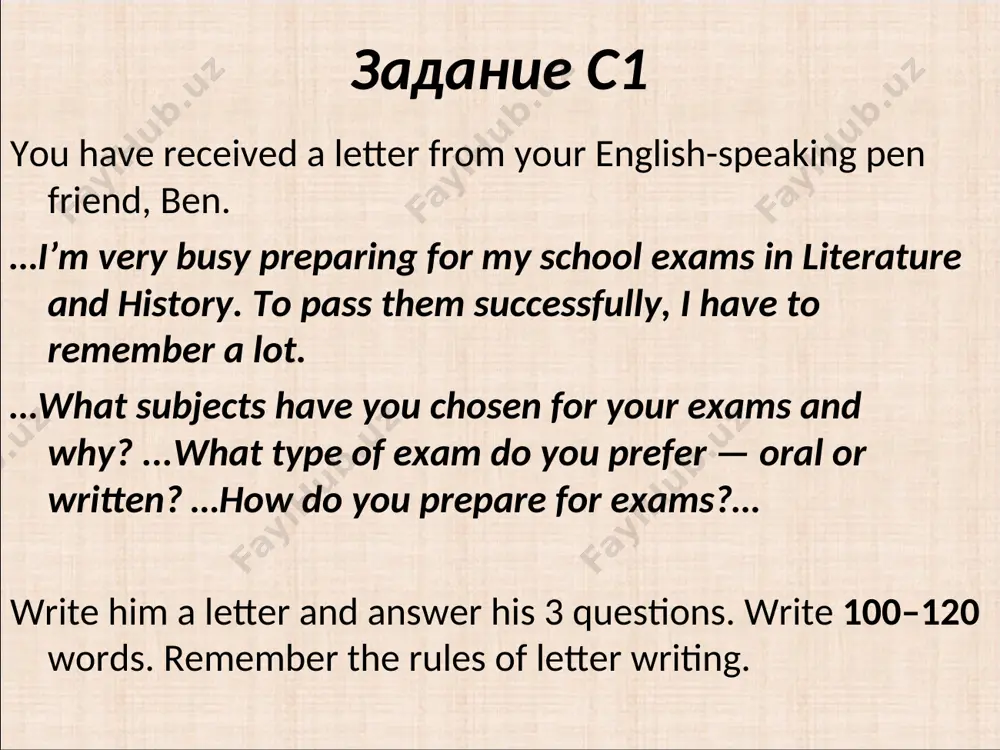 ца) 3) оба варианта одновременно 4. conclusion (closing remarks) i have to go now. mum is calling me. please, write back soon. i have to stop now as i’ve got a lot of things to do. please write soon and tell me your news. i’d better stop now. hope to hear from you soon. * 5. informal ending love, all the best, best wishes, + your first name * a scheme of an informal letter , , address date dear … introduction main body conclusion best wishes name let’s practise * study the example moscow, russia 06.12.2012 dear ben, thank you for the letter — it was nice to hear from you again. how are you? in june i have examinations, too. i will take literature and history, because i like these subjects and know them well. i am very busy, because i read books and write essays. that’s how …