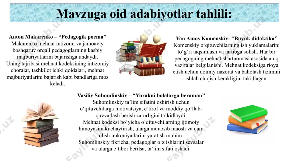 ddalar kiritilgan.. shuningdek, mehnat nizolarini hal qilish mexanizmlari aniq ishlab chiqilgan. maktablarda mehnat kodeksini samarali qo‘llash uchun bu tamoyillar aniq mexanizmlar orqali amalga oshirilishi zarur. bu esa nafaqat o‘qituvchilarning mehnat sharoitlarini yaxshilash, balki ta’lim sifati va samaradorligini oshirishga ham xizmat qiladi. xulosa: taklif: mehnat nizolarini hal qilish uchun maktablarda ko‘p yillardan buyon ishlab kelayotgan lider pedagoglar va tajribali hodimlardan tashkil topgan mahsus guruh tashkil etilishi kerak. bugungi lider direktorlar maktablarda mehnat kodeksining samarali qo‘llanishi uchun mehnat shartnomalarini tuzish va ishdan bo‘shatish jarayonlarini shaffof va adolatli qilish zarur pedagoglarning huquqiy savodhonliklarini va mehnat munosabatlarini rivojlantirish maqsadida o‘quv seminarlar tashkil etilishi kerak. t/r muammo muammoning amalga oshirish mexanizmi mas’ullar muddati kutilayotgan natija 1 mehnat munosabatlarini yuritishning shaffof mehanizimini yaratish. maktabda mehnat kodeksining samarali qo‘llanishi uchun mehnat shartnomalarini tuzish va ishdan bo‘shatish jarayonlarini shaffof va adolatli qilish. . kadrlar bo‘yicha inspektor, maktab rahbarlari, kasaba uyishmasi raisi. lider pedagoglar . o‘quv yili davomida mehnat …