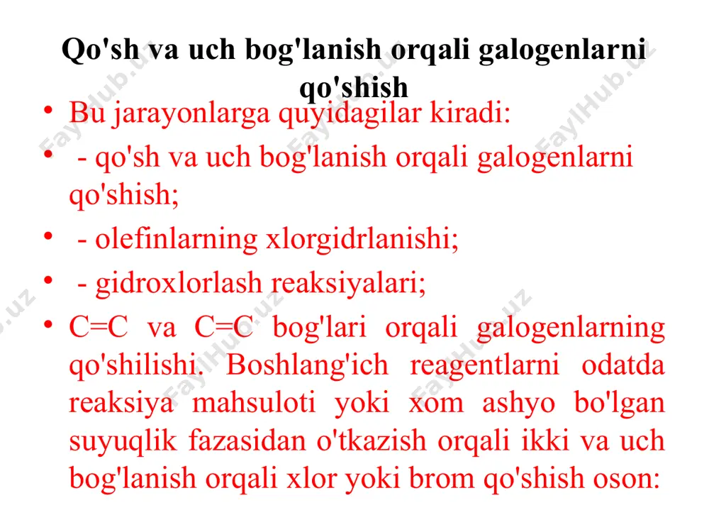h - katalizatorlar ishtirokida markovnikov qoidasiga muvofiq boradi va ekzotermik va qaytar. reaksiya mexanizmi π- va α -komplekslarning hosil bo'lish bosqichida olefinga vodorod galoidining elektrofil qo'shilishidan iborat. jarayonning katalizatorlari aprotik kislotalar - alc13, fecl3: etilxlorid, etil bromid va boshqa alkilgalogenidlar hosil bo’ladi. asetilenni gidroxlorlash polivinilxlorid ishlab chiqarish uchun monomer bo'lgan vinilxloridni hosil qiladi. reaksiya selektiv katalizatorlar ishtirokida amalga oshiriladi: gaz fazasida hgcb 150-200 ° c haroratda va suyuq fazada cu2cl2 asetilen katalizator (hgch) tomonidan faollashtiriladi, keyinchalik u xloranion bilan reaksiyaga kirishib, metall-uglerod aloqasi bilan birikma hosil qiladi va u keyinchalik kislota bilan parchalanadi: alkenlarni o‘zgarishi. alkenlar katalizatorlarning kislotali markazlarida karbkationlarga aylanadi va bu zarrachalarga xos bo‘lgan reaksiyalarga kirishadi. ular izomerlanadi va β-qoida bo‘yicha parchalanishgaduchor bo‘ladi. bir vaqtning o‘zida gidogenlash markazlarida ham dastlabki, ham parchalanishida hosil bo‘lgan alkenlarning to‘yinishi sodir bo‘ladi: alkenlarning gidrogenlanishi reaksiyalari tezliklarining nisbati va ularning ionli yo‘l bilan o‘zgarishlarini katalizatorning faolligi belgilaydi. yuqori kislotali faolikka ega bo‘lgan katalizatorlarda …