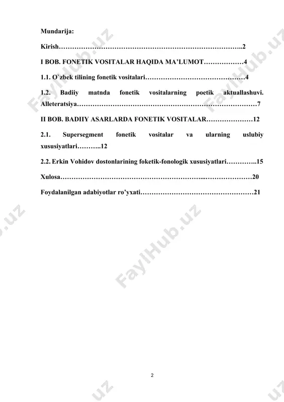 etik vositalarining hissiy ta‘sirchanligi, ayniqsa, badiiy tasvirdagi fonostilistik vositalarning uslubiy xususiyatlarini tadqiq qilishni qoniqarli deb bo’lmaydi. bu borada barmoq bilan sanarli ishlar qilingan xolos. fonetik uslubiy vositalarning tadqiqot doirasi nnhoyatda kengdir va bu soha oxirigacha tadqiq etilmagan. holbuki, fonetik vositalarni nutqning vazifaviy uslublari bilan bog’liq materiallarning akustikartikulyasion hamda prosodik (ritmik-intonatsion) xususiyatlarini belgilash muhim ahamiyatga ega. fonostilistikada orfoepiya bilan bog’liq talaffuz stillarining vazifasini belgilash; nutq stillari, ayniqsa, badiiy nutq uslubida nutq tovushlari talaffuzining konnotativ ma‘nolari, shuningdek, intonatsiya, pauza va urg’u kabi supersegment elementlarning ishlatilishi bilan bog’liq fonostilistik imkoniyatlarning uslubiy qo’llanishini taxdil va tadqiq qilish mazkur ishning dolzarbligini belgilaydi. muammoning o’rganilish darajasi. o’zbek tilshunosligida fonetik vositalarni badiiy asarlarda qo’llash masalalari bir qadar tadqiq qilingan. jumladan, intonatsiya, fonografik hodisalarga xos xususiyatlar atroflicha o’rganilgan. lekin fonostilistikaning ayrim nazariy masalalari, nutq tovushlarining talaffuzi hamda supersegment vositalar (intonatsiya, pauza, urg’u kabilar)dagi konnotativ ma‘nolar va ularning badiiy nutqdagi uslubiy xususiyatlari alohida tadqiq qilinmagan. kurs ishining maqsad va …