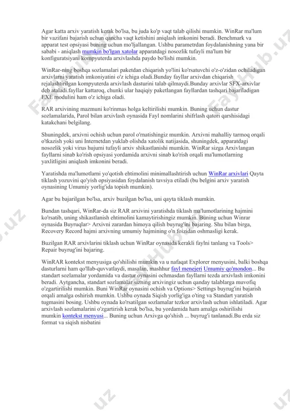 timedia fayllari yomonroq siqilgan. ikkinchidan, siqish usuli katta ahamiyatga ega. uchinchidan, qaysi arxivator ishlatilishi ham muhimdir. arxivlovchi turini tanlashda ular odatda quyidagi fikrlarga amal qilishadi: siqish nisbati imkon qadar yuqori bo'lishi va fayllarni qadoqlash va ochish uchun vaqt imkon qadar kamroq sarflanishi. siqish dasturlari siqish arxivlash dasturlari yordamida amalga oshiriladi. bugungi kunda eng keng tarqalgan to'rtta arxivchi - winrar, winace, 7zip va winzip. oxirgi dasturga kelsak, u tekshiruvga dosh berolmaydi. arxivlovchi - winrarni batafsil ko'rib chiqamiz.ushbu arxivatorni quyidagi fayl turlari bilan bog'lash mumkin: rar, zip, cab, arj, lzh, ace, 7-zip, tar, gzip, uue, bz2, jar, iso. dastur deyarli cheksiz hajmdagi fayllarni qo'llab-quvvatlaydi (8 589 934 591 gb gacha). to'g'ri, 4 gb dan katta fayllar bilan ishlash uchun siz ishlashingiz kerak fayl tizimi ntfs. tanlashda optimal sozlamalar siqish uchun bir nechta narsalarni hisobga olish kerak: winrar zip formatini qo'llab-quvvatlasa-da, ko'p hollarda rarni tanlash tavsiya etiladi. bu ko'proq narsani ta'minlaydi yuqori daraja …
