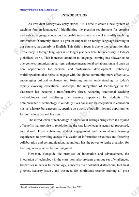 racing multilingualism also helps us engage with the global community more effectively, encouraging cultural exchange and fostering mutual understanding. in today's rapidly evolving educational landscape, the integration of technology in the classroom has become a transformative force, reshaping traditional teaching methodologies and redefining the learning experience for students. the omnipresence of technology in our daily lives has made its integration in education not just a luxury but a necessity, opening up a world of possibilities and opportunities for both educators and learners. [1: president shavkat mirziyoyev. videoconference ( may 06, 2021)] the introduction of technology in educational settings brings with it a myriad of benefits that promise to revolutionize the way knowledge is acquired, processed, and shared. from enhancing student engagement and personalizing learning experiences to providing access to a wealth of information resources and fostering collaboration and communication, technology has the power to ignite a passion for learning in …