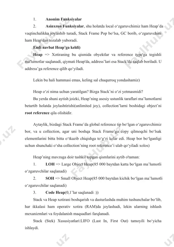 uning parametr va mahalliy o‘zgaruvchilari stekka qo‘shiladi. funksiya tugagach, stekdan bu ma’lumotlar olib tashlanadi. afzalliklari:tez ishlash. xotira ajratish va bo‘shatish avtomatik tarzda amalga oshiriladi. kamchiliklari: o‘lchami cheklangan. katta ma’lumotlar yoki dinamik ma’lumotlar strukturalari uchun mos emas. heap (xip) xususiyatlari:dinamik o‘lcham: xipda xotira dastur ishlashi davomida kerakli hajmda ajratilishi va bo‘shatilishi mumkin. tezkor emas: xotira ajratish va bo‘shatish jarayonlari stekdan sekinroq, chunki murakkab xotira boshqarish talab qilinadi. katta va kompleks ma’lumotlar: katta ma’lumotlar va dinamik strukturalar (masalan, massivlar, obyektlar) xipda saqlanadi. ishlash tizimi:xotira ajratishda dasturchi yoki garbage collector (axlat tozalovchi) tomonidan nazorat qilinadi. xotira ajratish uchun malloc, new kabi funksiyalar yoki operatorlar ishlatiladi. ajratilgan xotirani bo‘shatish uchun free, delete kabi funksiyalar yoki operatorlar ishlatiladi. afzalliklari:xotira hajmi dasturga moslashadi. katta hajmdagi ma’lumotlarni saqlash va ularga kirish imkonini beradi. kamchiliklari:xotira ajratish va bo‘shatish jarayonlari sekinroq. xotira bo‘shatishni unutish natijasida xotira sizib chiqishi (memory leak) muammosi kelib chiqishi mumkin. hisoblash arxitekturasidagi steklar - bu …