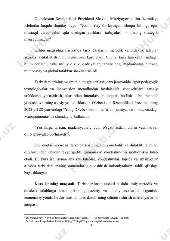 odik qo‘llanmalar va o‘quv-uslubiy majmualarda ham tarix darslarining tashkil etilishi bo‘yicha qimmatli tavsiyalar berilgan. biroq, hozirgi zamon ta’limi talablariga mos holda yangi metodlar, akt vositalarining qo‘llanilishi, interfaol yondashuvlar bilan boyitilgan tahlillar hali to‘liq darajada yorilmagan. kurs ishining tuzilishi: mazkur kurs ishi kirish ikki bob toʻrt paragrif xulosa va foydalanilgan adabiyotlar roʻyxatidan iborat. i bob. tarix ta’limining mazmuni va ilmiy-metodik asoslari 1.1. tarix fanining ta’limdagi o‘rni va uning asosiy vazifalari tarix dars jarayoni oldiga qo’yilgan ta'lim – tarbiya vazifalarini amalga oshirishning eng muhim shartlaridan biri har bir sinfda o’qitiladigan tarix kursining tutgan o’rni, uning ta'lim-tarbiyaviy vazifalari, har bir bo’lim va bo’limdagi mavzular, hatto har bir darsda o’tiladigan mavzuning ham juz'iy vazifalari oldindan aniq belgilab olingandan keyingina tarix o’qitishga kirishish maqsadga muvofiq bo’ladi. o’rta ta'lim va o’rta maxsus ta'lim tizimida tarix o’qitishning maqsad va vazifalarini muvaffaqiyatli amalga oshirish birinchi navbatda o’qituvchining har bir darsning ta'lim-tarbiya vazifalarini oldindan aniq va to’g’ri belgilab ola …