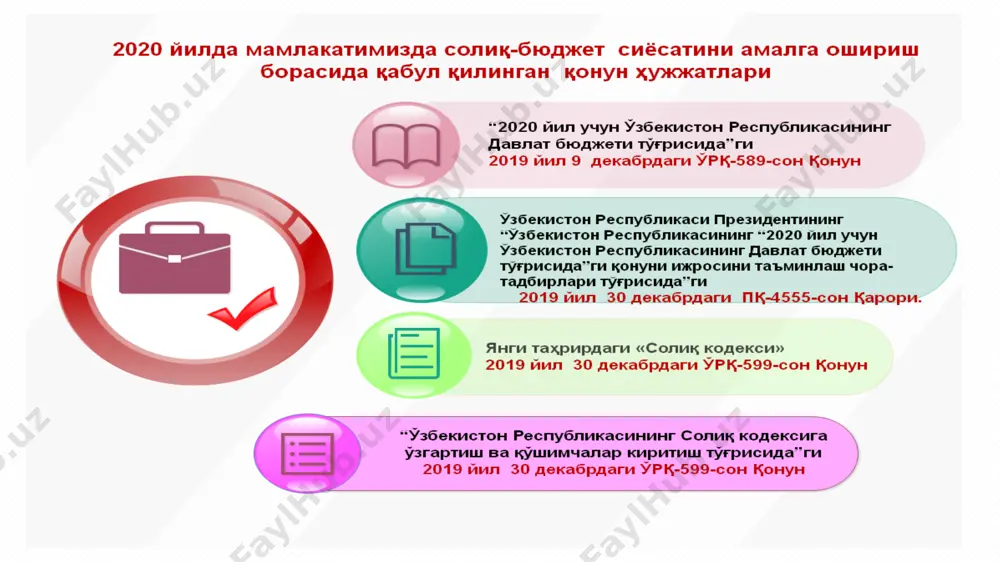 лиқлар 1,4 маротаба + амалда ставка даромад солиғи ставкаси (4 босқич) 0 7,5 % 16,5 % 22,5 % суғурта бадали 8% ягона ижтимоий тўлов 15 % (кичик корхоналар ва ф/х) 25 % бошқалар концепция ставка даромад солиғи ставкаси (ягона) 12% суғурта бадали 0% ягона ижтимоий тўлов 12 % 25 % (бюджет ташкилотлари ва давлат улуши 50%) 39,5% 49,5% 24% - 37% 3,9 трлн 7 концепцияда солиқ ставкаларининг ўзгариши солиқ турлари 2018 2019 фарқи фойда солиғи 14% 12% -2% тижорат банклари 22% 20% -2% уяли алоқа компаниялари рентабеллик даражаси 20% +6, -30% 20 фоизгача 14% 20 фоиздан юқори 50% мол-мулк солиғи 5% 2% -3% давлат мақсадли жамғармалар 3,20% 0 -3,20% ягона солиқ тўлови 5% 4% -1% иш ҳақидан солиқлар - ягона ижтимоий тўлов 15% 12% -3% - суғурта бадали 8% 0 -8% - даромад солиғи 0, 7.5, 16.5, 22.5% 12% * солиқ ислоҳоти концепциясидан кутилаётган натижалар 9 * 2 фуқароларнинг иш …