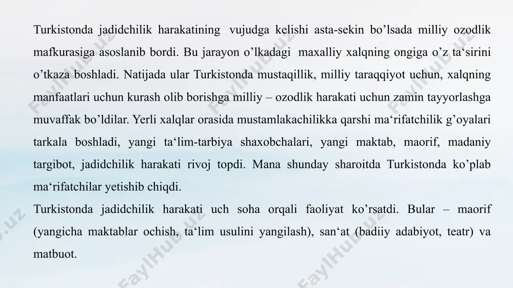 hidir. insoniyat jamiyati taraqqiyotida bir bosqichdan ikkinchi bosqichga o’tish ma‘rifatparvarlikdan boshlanib, zamonaning yetuk, ongli, bilimli kishilari ma‘naviyat va ma‘rifat tarqatadilar. natijada ma‘rifatli kishilar ma‘naviy qaramlik, qo’rquv va xadiksirashni bartaraf etib, beqiyos kuch-qudrat, saloxiyat egasi bo’ladilar. ma‘rifatli kishilar millat va vatan ozodligi, xalqning ma‘rifiy o’yg’oqligi va ma‘rifati uchun ko’rashadilar. aynan shu nuqtai nazardan bizning xalqimiz hamisha ma‘rifatga intilib kelgan. shu boisdan dunyoviy va diniy ilmlarni uyg’unlashtirib, jaxon sivilizatsiyasiga buyuk xissa qo’shib kelganlar. ular forobiy, ibn sino, xorazmiy, axmad farg’oniy, buxoriy, moturudiy, mirzo ulug’bek va boshqa ko’plab allomalardir. shu nuqtai nazardan turkiston ma‘rifatchilik maktabi boy o’tmish va ulkan merosga egadir. masalan: maxmudxuja bexbudiy, munavvar kori abdurashidxon o’g’li, abdukodir shakuriy, ashurali zoxiriy, saidrasul said aziziy, axmad donish, chulpon, avloniy, tavallo, ayniy kabilar xix asrning ikkinchi yarmida, mamlakatni milliy zulm va qoloklikdan yagona qo’tqarishning yo’li xalqni ma‘rifatga erishishtirish deb tushunib, shu yul orqali ozodlik uchun ko’rash olib bordilar. ular dunyo mamkatlarini ko’rib kelib, mustamlaka …