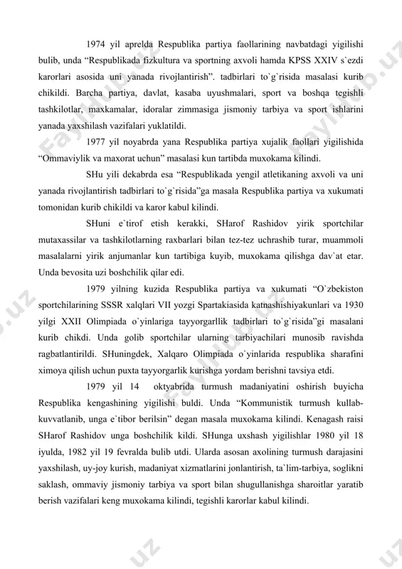 sharoitlar yaratib berish vazifalari keng muxokama kilindi, tegishli karorlar kabul kilindi. shuni eslatish lozimki, usha davrlarda juda muxim karorlar ikarilib, axolining turmush tarzini yaxshilashda jismoniy tarbiya va sportning asosiy vositalaridan biri ekanliiga aloxida e`tibor berilgan. bu esa uz navbatida axoli o`rtasida ma`lum darajada jismoniy tarbiya va sport uz mazmunini topdi va shakllanib bordi. 1981 yil 11 sentyabrda ittifok partiya va xukumat tomonidan “fizkultura va sportning ommaviyligini yanada oshirish to`g`risida”, 1985 yil 12 iyunda “klub muassasalari va sport inshootlaridan foydalanishni yaxshilash tadbirlari” xakida karorlar kabul kilindi. bu karorlarida kuzda tutilgan asosiy masalalarni hayotga singdirish maksadida o`zbekiston partiya va xukumati ham zarur tadbir va choralarni belgiladi. e`tiborli tomonlaridan yana biri shundaki, 1984-1985 yillarda respublika partiya xujaligi faollari yigilishi, axolining turmush madaniyatini oshirish respublika kegashining rasmiy yigilishlari bulib utib, ularda avvalgi kuyilgan vazifalarni bajarish, belgilangan tadbirlarni amalga oshirishda ma`lum darajada ishlar olib boriladi. ba`zi bir kursatgichlar bunga misol bula oladi (1-2 jadvallar). sobik …