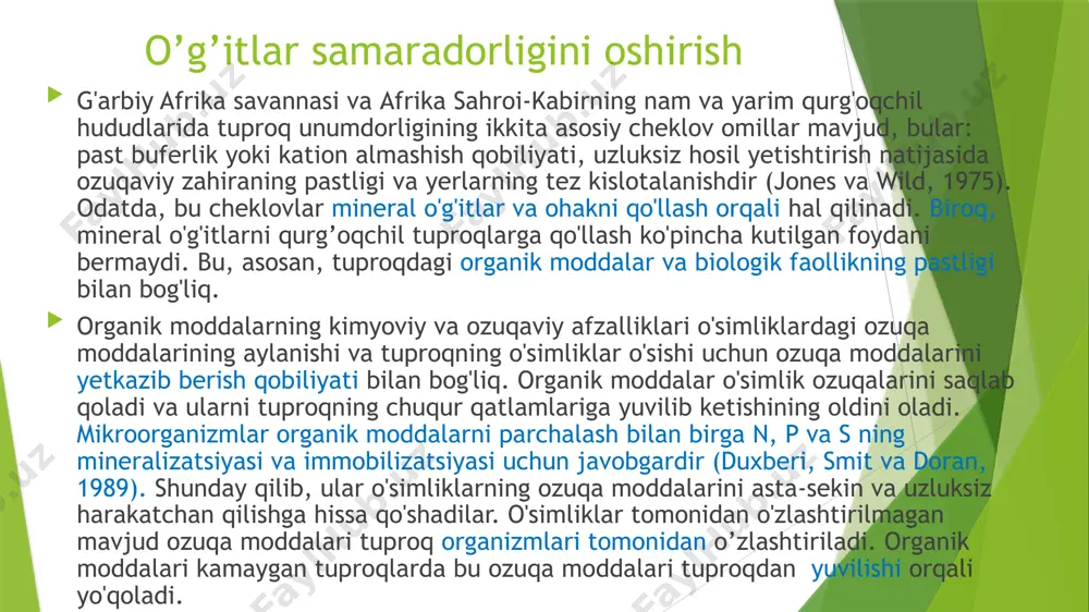 ani aniqlangan. bu pasayish o'tkazuvchan makrog’ovakliklarning yuqori zichligi bilan bog'liq bo’lgan (tuproqqa ishlov berilmagan va oddiy ishlov berilganda mos ravishda 140/m2 va 5/m2), bu esa yomg'ir chuvalchanglari populyatsiyasining yuqori zichligi bilan bog'liq edi (tuproqqa ishlovsiz va an'anaviy ishlov berilganda 240/m2 va 36/m2) navbati bilan erga ishlov berishda). 2-rasmda ushbu holat keltirilgan. 2-rasm. tuproqqa ishlov berilmagan sharoitda tuproqning ichki g'ovak tizimi yerni tayyorlash jarayonida buzilmaydi va yomg'ir suvi yerdan chuqurroq qatlamlargacha yetib boradi (chapda). qurg’oqchil tuproqda yomg'ir tomchilarining ta'siri tufayli yuza qatlamlar g’ovakliklari bekilib qoladi va tuproq yomon drenajlanadi. hosildorlikni oshirish oziq moddalar aylanishiga, ayniqsa mineralizatsiya va immobilizatsiyaga ta'sir ko'rsatadigan agrotexnika tadbirlari qishloq xo'jaligi tizimining iqtisodida aks etgan hosildorlikning darhol oshishi yoki yo'qolishiga olib keladi. hosildorlik tuproqdagi organik moddalar miqdori yuqori bo'lgan tizimlarda, organik moddalar kam bo'lgan tuproqlarga qaraganda kamroq o'zgaruvchan bo’ladi. uning sababi tuproq xususiyatlari va mikroiqlimning qulay sharoitlarini barqarorlashtiruvchi ta'siridir. ekinlarning o'sishi va hosildorning yaxshilanishi bevosita va bilvosita ta'sirlardan …