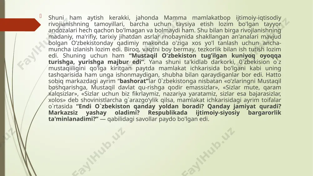 i sessiyasida qabul qilindi. o‘zbekiston respublikasining davlat bayrog‘i ramzi mam-lakatimiz hududida ilgari mavjud bo‘lgan g‘oyat qudratli salta-natlar bayroqlariga xos bo‘lgan eng yaxshi an’analarni davom ettirgan holda respublika tabiatiga xos xususiyatlarni, xalqimiz-ning milliy va madaniy o‘zligini ham aks ettiradi. o‘zbekiston respublikasining davlat bayrog‘i nyu-york shahrida joylashgan birlashgan millatlar òashkiloti qarorgohida dunyodagi suveren davlatlar bayroqlari qatorida turibdi. o‘zbekiston bayrog‘i xorijiy mamlakatlarda prezidentimiz boshliq davlat delegatsiyasini qabul qilish marosimlarida, chet el davlat delegatsiyalarini o‘zbekistonda qabul qilish marosimlarida ko‘tariladi o‘zbekiston sportchilari jahon sport musobaqalarida g‘oliblikni qo‘lga kiritib, shohsupaga ko‘tarilgan paytlarda ham o‘zbekiston bayrog‘i ko‘tariladi. shu boisdan mamlakatimizda va ja-hon uzra o‘zbekiston bayrog‘ining ko‘tarilishi, bir tomondan, davlatimiz shon-shuhratini ko‘tarsa, ikkinchi tomondan, bar-chamizga quvonch, faxrlanish, g‘urur bag‘ishlaydi. o‘zbekiston respublikasining davlat gerbi to‘g‘risida“gi qonun 1992- yil 2- iyulda o‘zbekiston respublikasi oliy kengashining x sessiyasida qabul qilingan. gerb suveren davlatimiz ramzi sifatida ijtimoiy-siyosiy hayot-da keng qo‘llaniladi. o‘zbekistonning xorijiy mamlakatlar bilan tuzilgan bitim va shartnomalarida, davlatlararo aloqa va diplo-matik …
