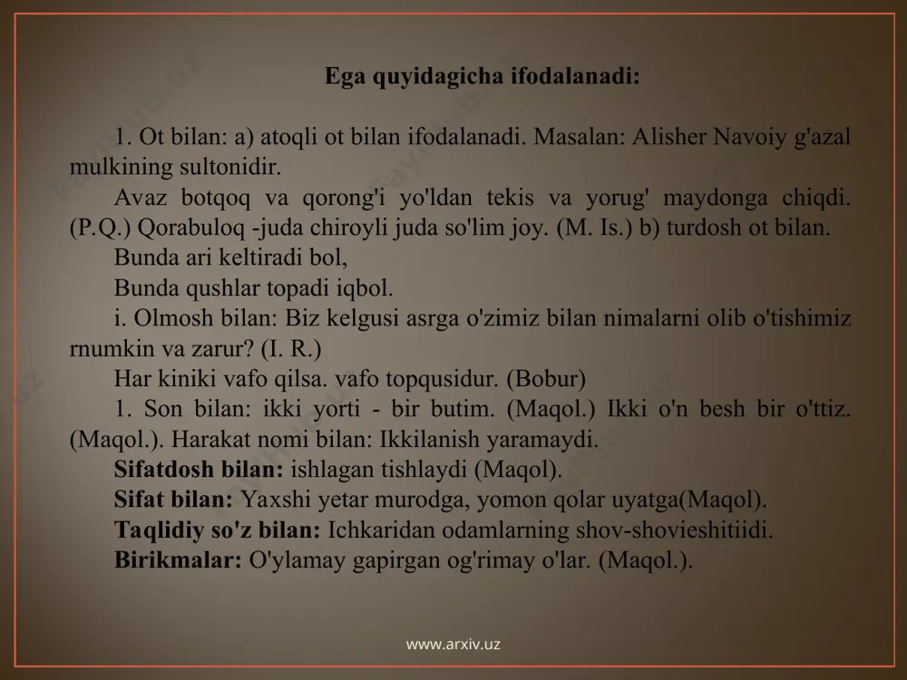 ib chiqishdi. (p. q.) ahmad kitobini o'qib tugatdi. ot yoki bog'lama hamda to'liqsiz fe'l ko'rinishidagi qo'shilma bilan ifodalanadigan kesim murakkab ot kesim deyiladi. masalan: o'ktam o:n ikki yashar bola edi. (o.) odam qo'li cho'lni bo'ston qiladi. ayrim hollarda yozuvda kesim bilan ega orasida tire ishlatiladi. www.arxiv.uz www.arxiv.uz 1) kesim ot, olmosh, son bilan ifodalanib kesimlik qo'shimchasini olmaganda. bu yeming xo'jayini - biz. ikki karra ikki - to'rt. gapning egasi yoki kesimi harakat nomi bilan ifodalanib,kesimlik qo'shimchasini olmasa: bir ko'rgan bilish - ikki ko'rgantanish. (maqol.) ega ko'rsatishi bilan ifodalanib, kesim tarkibida kesimlikqo'shimchasi bo'lmasa: bular - mening do'stlarim, och-yalang'ochkafangadolar(o.) bu uy -kimniki? kesimning ega bilan moslashuvi kesim egaga tobe bo'lak bo'lgani uchun ko'p hollarda shaxs va sonda moslashadi. masalan: biz huquqiy demokratik jamiyat qurmoqdamiz. u anchagacha jim o'tirdi . birinchi gapda kesim egaga tobe muvofiq 1 shaxs birlikda, ikkinchisida esa iii shaxs birlikda ishlatilgan. ammo o'zbek tilida kesimning ega bilan son jihatidan …