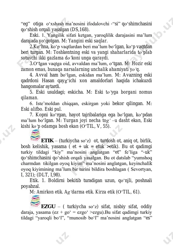 shaxs oti. sofiylik tariqatlaridan biriga mansub kishilarga “eshon”, “pir” so‘zlari qo‘shib ishlatiladi. eshonlar o‘z muridlarini so‘fiylikka o‘rgatuvchi murshidlardir. m: jahongir eshonning valiyligini sinash uchun qo‘shni qishloqdan bir guruh odamlar uning huzuriga borishmoqchi bo‘ladilar (b.eraliyev va boshqalar., o‘zbekiston ziyoratgohlari va qadamjolari. t.:// turon zamin ziyo, 2014, 156-b.). eshik – (turkiycha so‘z) ot, turdosh ot, aniq ot, birlik, bosh kelishik, yasama sоʻz (i:sh+ik=i:shik >eshik). bu ot qadimgi turkiy tildagi “i:sh” fe’lining “bogʻla” ma’nosidan -ik qоʻshimchasi bilan yasalgan (sevortyan, i,396). eshik. 1.uy, xona, bino yoki hovlining kiraverishida оʻrnatiladigan, ochib-yopib turiladigan qurilish buyumi.m:eshikni taqillatmoq. 2.umuman, odam, jonivor, narsalar joylashadigan qurilma, moslamalarning kirib-chiqiladigan, ochilib-yopiladigan qismi. m: mashinaning eshigi. samalyotning eshigi. 3. shevaga xos sоʻz. hovli, uy-joy; xonadon. m: eshigimda juda kоʻp odamlar ishlagan. 4. tashqari, tashqi maydon, kоʻcha. m: eshik sovuq. 5. kоʻchma ma’noda. bir maqsadga, yerga yetishish, erishish yоʻli, imkoniyat yоʻli. m:baxt eshigi kоʻrinib turibdi (оʻtil,64). echki – (turkiycha so‘z) ot, turdosh ot, aniq …