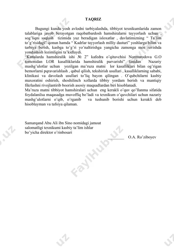 lda valsalva uzangining dahliz darchasining chetlari bilan birikib ketishi kar bo`lib qolishga sabab bo`lishi mumkinligini aniqlab bergan, bu hozirda otoskleroz deb ataladi. olim burunni yopib turib, yevstaxiy nayi yordamida quloqqa puflab, quloqdagi yi-ringni chiqarib yuborish usulini taklif etgan. shuningdek, quloq kasalliklarida xirurgik davo yo`llarini ham qo`llashni tavsiya qilgan. chunonchi, 1649 yilda riolan eshituv nayi berkilib qolishi natijasida quloq eshitmay qolsa va guvillasa so`rg`ichsimon o`simtani trepatsiya qilish kerak, deb ta'kidlagan. kataniya (1736—1822) yaratgan kashflyot otiatriyaning rivojlanishida muhim bir bosqich bo`ldi, olim birinchi bo`lib quloq labirintida havo emas, balki maxsus suyuqlik borligini isbotlab berdi. u ichki quloqning suv yo`lini ham batafsil ta'riflab bergan. 1890 yilda kuper birinchi marta parasentez — o`rta quloq yallig`langanda nog`ora pardani operatsiya qilishni taklif qilgan. rossiyada nashr qilingan «jarrohlikni qo`llash bo`yicha qo'llanma»sida kattagina bob quloq, tomoq va burun kasalliklariga bag`ishlangan bo`iib, bu ana shu kasalliklarga oid birinchi fundamental darslikdir. bu darslik muallifi tibbiy-jarrohlik akademiyasining professori i.f.bushdir (1771 — …