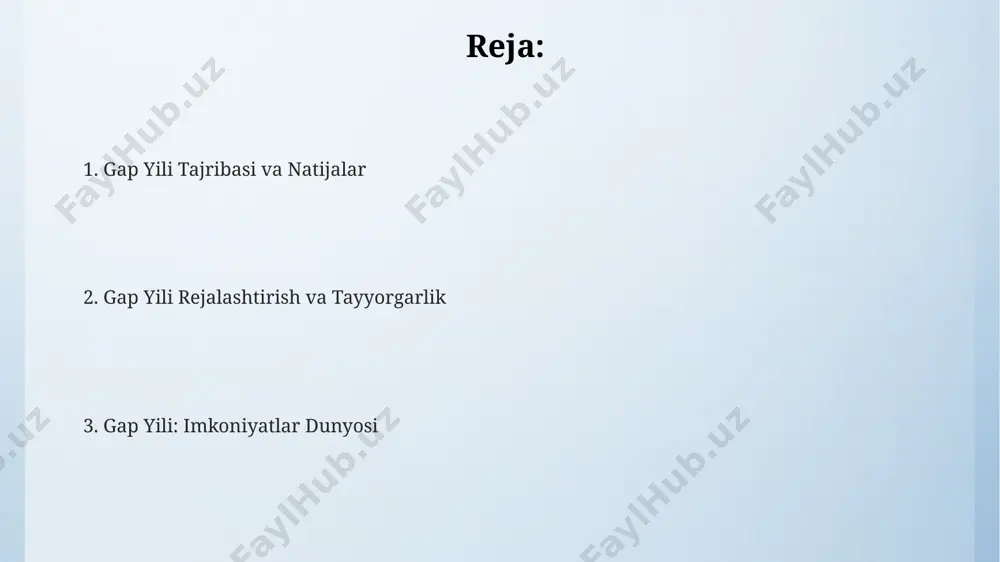 , ajratish kerak. moliyaviy jihatlar ko'plab mamlakatlarda, shu jumladan avstraliya va kanadada, gap yilini moliyalashtirish uchun stipendiyalar va grantlar mavjud. o'rtacha stipendiya miqdori 2000-5000 dollarni tashkil qilishi mumkin. gap yilini moliyalashtirish uchun o'rtacha 5000-15000 aqsh dollari kerak bo'lishi mumkin, bu mamlakat va dastur turiga bog'liq holda farq qilishi mumkin. masalan, nepalda sayohat qilish aqshga qaraganda ancha arzonroq bo'ladi. gap yilini o'zingiz moliyalashtirish uchun pulni tejashning bir usuli – kamida 6 oy oldin oyiga 500-1000 dollar miqdorida tejashni boshlashdir. bu sizga 3000-6000 dollar tejash imkonini beradi. ish tajribasi ish tajribasi ko'pincha 18-25 yoshdagi yoshlar orasida mashhur bo'lib, 2022-yilgi ma'lumotlarga ko'ra, dunyo bo'ylab 2 milliondan ortiq yosh kishi xalqaro dasturlar orqali tajriba orttirgan. o'zbekistondagi ba'zi universitetlar ish tajribasi dasturlarini taklif qiladi, masalan, toshkentdagi toshkent davlat texnika universiteti o'quvchilarga kamida 3 oylik amaliyot o'tash imkoniyatini beradi. ish tajribasi davomida olingan ko'nikmalar, masalan, muloqot va muammo yechish ko'nikmalari, kelajakdagi ishga joylashishda 50% dan ortiq …