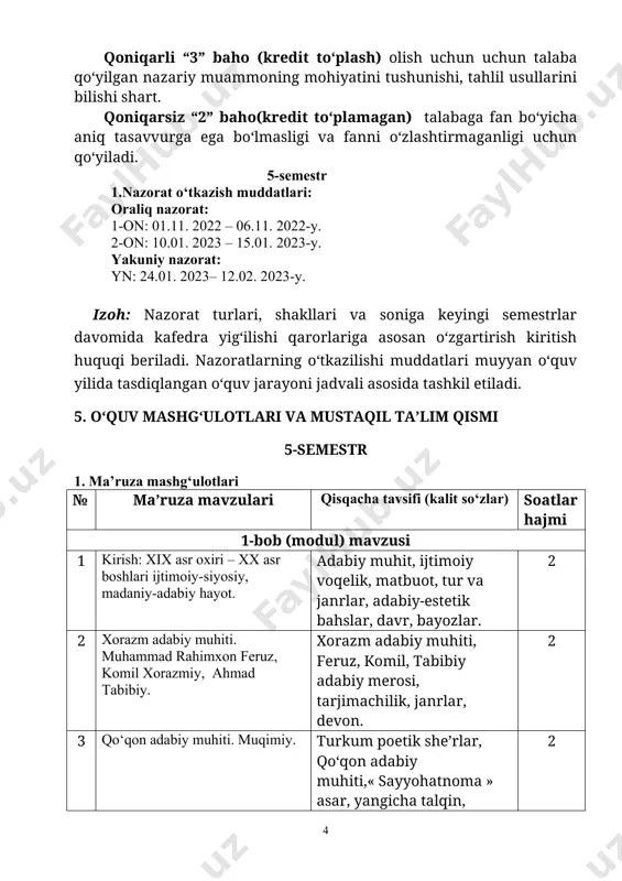 oshlari turkistonda ijtimoiy-siyosiy, madaniy hayot. ismoilbek gasprinskiy. turkistonda ijtimoiy-siyosiy, madaniy hayot, kutubxona, matbuot, nashriyot, gasprinskiy va turkiston, asarlar tahlili. 2 7 mahmudxo‘ja behbudiy. « padarkush », matbuot, xx asr, darsliklar, drama, obraz. 2 8 abdulla avloniy. tavallo. dramaturgiya, davr, pedagog, matbuot, darslik, tavallo she’riyati, maktab. 2 9 abdurauf fitrat, hamza hakimzoda niyoziy. fitrat va adabiyotshunoslik, tanlangan asarlar, hamza pedagog, drama, matbuot. 2 10 abdulla qodiriy, cho‘lpon. roman, xx asr, obraz, ijtimoiy voqelik, yangi she’riyat, janr. 2 jami: 20 s. 2. amaliy mashg‘ulotlar № amaliy mashg‘ulot mavzulari qisqacha tavsifi (kalit so‘zlar) soatlar hajmi 1-bob (modul) mavzusi 1 milliy uyg‘onish davri o‘zbek adabiyoti. maqsad va vazifalari. davr adabiy muhiti, manbalari, ijtimoiy voqelik, tur va janrlar 2 2 komil xorazmiy hayoti va ijodiga oid ilmiy asarlarni o‘rganish, shoir asarlari tahlili, muhammad rahimxon feruzning “elga shohu ishqqa qul” asarini o‘rganish, ahmad tabibiby adabiy merosi. shoir ijod namunalari tahlili. komil va feruz asarining o‘rganish, tabibiby …