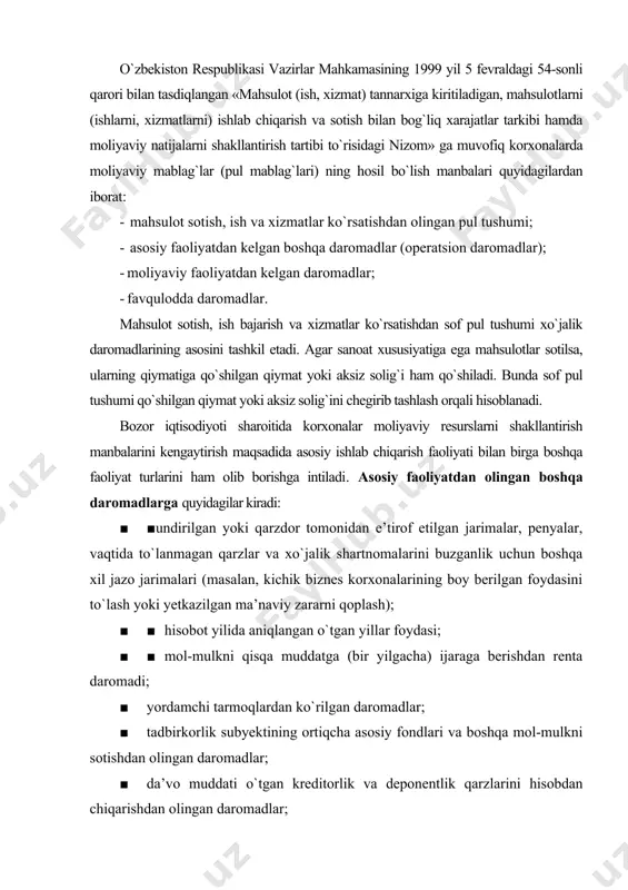 boshqa qimmatli qog`ozlardan foiz ko`rinishidagi daromadlar; · mol-mulkni ijaraga berishdan olinadigan daromadlar (lizing to`lovini olish); · balans valyuta moddalarining ijobiy kurs farqlanishi va sarflangan mablag`larning qayta baholanishidan olinadigan daromadlar. ayrim holatlarda favqulodda holatlar (sel, jala, yong`in, yer silkinishi va h.k.) natijasida ko`rilgan zararni qoplash yuzasidan ham daromad olish mumkin va uni favqulodda daromadlar deb ataladi. ammo moliyaviy mablag`larning ushbu hosil bo`lish manbalari hali subyekt ixtiyorida qoladigan haqiqiy daromad (sof foyda) ni aks ettirmaydi, chunki, kelgusi yilda takror ishlab chiqarishga jalb etish mumkin bo`lgan mablag` faqatgina yilning sof foydasi hamda amortizatsiya ajratmalari hisobiga ta’minlanishi mumkin. o`z-o`zini mablag` bilan ta’minlash va o`z-o`zini moliyalashtirish tadbirkorlik faoliyatini olib borish jarayonida moliyaviy mablag`lar ta’minoti birinchn navbatda o`zini-o`zi mablag` bilan ta’minlashga va o`zini-o`zi moliyalashga asoslanadi. o`zini-o`zi mablag` bilan ta’minlash tadbirkor joriy davrda olingan daromadidan qilingan moliyaviy xarajatlarni qoplab, ma’lum miqdorda foyda olib ishlayotganligini bildiradi. o`zini-o`zi mablag` bilan ta’minlashni nazorat qilish ishlab chiqarish va muomala xarajatlari kalkulyatsiya …