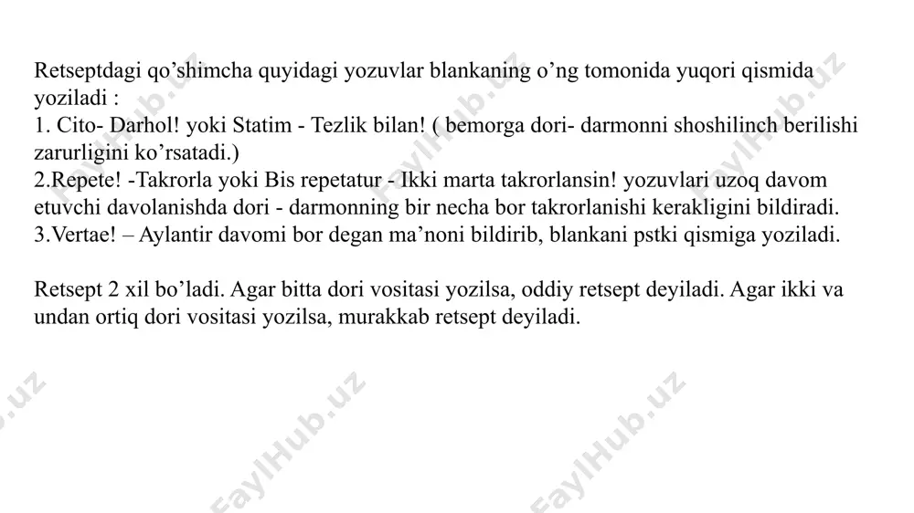 omonida yoziladi . eslab qoling! ikkita yoki bir necha dorivor moddalar teng miqdorda berilsa uning dozasi oxirgi dorivor moddadan so’ng ko’rsatiladi va raqam oldida ( tengma – teng - ana ) so’zi yoziladi . recipe : amidopyrini . analgini ana 0, 25 . da tales doses numero 12 in tabulettis . signa. ovqatdan so’ng kuniga 3 mahal ichilsin. agar bir qatorga dorivor modda sig’masa unda yozuv yangi qatordan shunday yoziladi-ki, dorivor modda miqdori o’ng tomonida qolishi kerak. signa, yani, belgilansin so’zidan keyin yozuv bemorga tusunarli tilda ( rus yoki o’zbek tilida) yoziladi. tabletka, shamcha va ko’z plyonkalarini yozishda akkuzativ kelishigining qo’llanilishi retsepturada tabletka, shamcha va ko’z plyonkalarini yozishda akkuzativ kelishigi qo’llaniladi. 1.murakkab dori-darmon qo’shtirnoq ichida beriladi : tabulettae “ codterpinum “. “ kodterpin “ tabletkalari . suppositoria “ neo – anusolum “ . “ neo-anuzol “ shamchalari. 2.tabletkalar bitta ta’sir etuvchi moddadan iborat bo’lsa, dori shaklidan keyin qaratqich kelishigida yoziladi: …