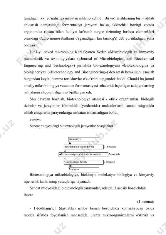 larda) tanlangan produtsent mikroorganizmni eklb ko'paytirish va ulardan kerakli metabolit, masalan, antibiotik, aminokislota, ferment, organik kislota, gormon va h.k. ajratishni o'z ichiga oladi; 3-oxirgi ishlov berish bosqichida tanlangan mahsulotni, u sintez bo'igan va to'plangan (lokalizatsiya bo'igan) joyiga qarab, yoki hujayra ichidan yoki hujayra tashqarisidan (kultural suyuq-ligidan) ajratib olinadi. biotexnologik tadqiqotlarning maqsadi, yuqorida keltirilgan har bir bosqichning samaradorligini oshirish va inson faoliyati uchun kerakli bo'igan mahsulotlarni sintez qila oladigan (antibiotiklar, vitaminlar, aminokislotalar, fermentlar va h.k.) mikroorganizmlarni tanlab topish (skrining) yoki yaratish (gen yoki hujayra injeneriyasi, mutagenez, seleksiya usullari yordamida), tanlangan rnikroorga-nizm (produtsent)ning o'sishi, rivojlanishi va kerakli mahsulot sintez qilishi uchun zarur bo'igan sharoitlarni tanlash va sintez bo'igan moddani ajratib olishning iqtisodiy asoslangan usullarini yaratishdan iborat. o'tgan asrning 60-70-yillarigacha bunday tadqiqotlar, ko'proq dastlabki ishlov berish bosqichi doirasida olib borilgan. keyinroq, fermentatsiya va biotransformatsiya jarayonlarida ishlatiladigan bioreaktorlar (fermentyorlar)ning tuzilishini mukam-mallashtirish, darning hajmini kattalashtirish ustida ilmiy va amaliy tadqiqotlar oiib borilgan. shu yoi bilan …