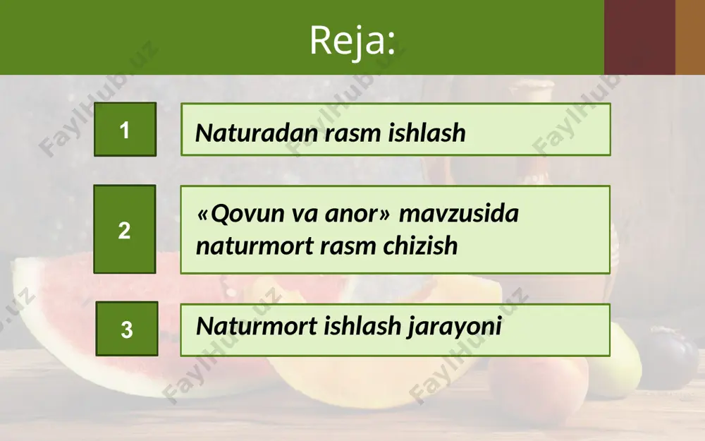 lab yirik hajmli, keyin maydaroq shakllarni tasvirlashga o‘ting; ranglar tanlayotganda faqat asosiy ranglarni ishlatmasdan hosila ranglardan ham foydalaning; bo‘yash jarayonida e’tibor avval asosiy narsalarga, so‘ng mayda detallarga qaratiladi. naturadan rasm ishlashni tugatar ekansiz, uning ranglarini yana bir bor tekshirib ko‘ring, xatolari bo‘lsa tuzating. image2.jpg image3.jpeg image4.jpeg image5.jpeg image6.jpeg image7.jpeg image8.jpeg image9.jpeg image10.jpeg image11.jpeg image12.jpeg image13.jpeg image14.jpeg image15.jpeg image16.jpeg image17.jpeg image18.jpeg image19.jpeg image20.jpeg image21.jpeg image22.png image23.jpeg image24.jpeg image25.png image26.jpeg image1.jpg