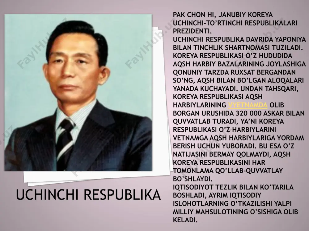 tillar o’rgatiladi. 2005-yil ma’lumotlariga ko’ra janubiy koreya aholisining 46,5%i dinsizdir. qolgan aholi o’zini yo xristian, yoki buddist, deb ko’rsatgan; boshqa dinlar nihoyatda kam tarqalgan. janubiy koreya ommaviy madaniyati osiyo qit’asi va umuman dunyoda yoyilmoqda. xxi asrda paydo bo’lgan bu fenomen koreys to’lqini deb nomlandi. bu fenomen o’z ichiga k-pop (koreys pop) musiqasi, koreys teleseriallari va filmlarini oladi. zamonaviy texnologiyalarning koreyslar hayotiga chuqur kirib borgani ularning madaniyatiga kuchli ta’sir qildi. koreys yoshlari orasida video o’yinlar shunchalik ommalashganki, matchlar hatto telekanallarda ham namoyish etiladi (misol sifatida arirang kanalida tez-tez ko’rsatiluvchi starcraft translatsiyalarini keltirish mumkin). koreya respublikasiga davlat tashrifi o’zbekiston respublikasi prezidenti islom karimovning koreya respublikasiga 2006 yil mart oyida amalga oshirgan davlat tashrifi chog’ida davlatlarimiz o’rtasidagi ko’p tomonlama munosabatlarni kengaytirish va chuqurlashtirishga xizmat qilgan hamda uni yangi sifat bosqichiga olib chiqqanini ifodalagan “koreya respublikasi va o’zbekiston respublikasi o’rtasidagi strategik sheriklik to’g’risidagi qo’shma deklaratsiya” imzolangan edi. koreya respublikasi prezidenti li myon bakning 2009 …