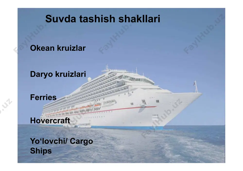 mple – oberoi zahra luxury nile cruise brahmaputra river cruise in india… harbour cruises example – sydney harbour cruises lake cruises example – lake geneva cruises canal cruises example – amsterdam canal cruises island cruises ko'pchilik orol/dengiz bo'yidagi manzillarda topilgan.har xil turdagi qayiqlardan foydalangan holda turli xil qisqa turlarni taklif qiladi. houseboats example – houseboats of srinagar / kerala backwaters ocean cruises traditional cruises cruises which provide a leisure holiday at sea. sails from, and returns to the same port. usually lasts 2 to 3 weeks. has 5 or more ports of call. some prominent cruises… p & o cruises destinations – africa, asia & orient, australasia, baltic, u.s. & canada, canary islands, iceland, caribbean, mediterranean, indian ocean, middle east, panama canal, south pacific star cruises destinations – malaysia, thailand, vietnam, singapore, japan, china, taiwan, hong kong, india, cambodia. carnival cruise lines destinations – alaska, canada, bermudas, hawaii, caribbean, mexico, …