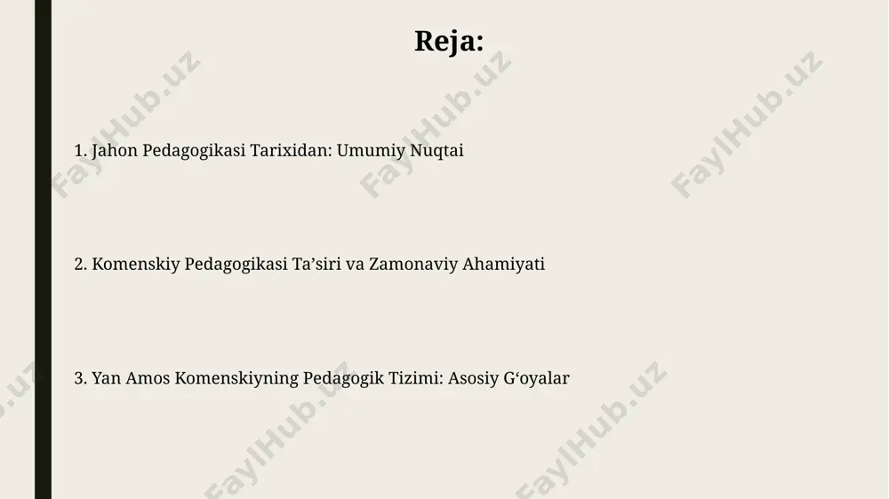 sifatida komenskiyning didaktik tamoyillari, masalan, vizual o‘qitish va bolalar rivojining bosqichlarini hisobga olish, 21-asr texnologiyalari bilan uyg‘unlashtirilishi mumkin. komenskiyning didaktik tizimi 300 yildan ortiq vaqt davomida jahon pedagogikasi rivojiga ta’sir ko‘rsatib, 17-asr bohemiyasi va undan keyingi davrlar ta’lim tizimlariga chuqur iz qoldirgan. jahon pedagogikasi tarixiga kirish jahon pedagogikasi tarixi 5-asrda yunon faylasufi platonning ta’limga oid fikrlari bilan boshlangan deb hisoblanadi, uning “davlat” asari pedagogika nazariyasining shakllanishiga katta ta’sir ko‘rsatgan. o‘rta asrlarda, 12-13 asrlarda yevropada universitetlarning rivojlanishi pedagogika fanining yangi bosqichiga turtki bo‘lib, shu davrda diniy ta’lim bilan birga dunyoviy bilimlar ham rivojlana boshlagan. didaktika asoslari komenskiy nazariyasida komenskiyning didaktik tizimi 17-asrda, moraviya va chexiya kabi yevropa mamlakatlarida ta'lim islohotlarini amalga oshirishga qaratilgan bo'lib, o'quv jarayonini 15 yoshgacha bo'lgan bolalar uchun mo'ljallangan. uning "didaktika magna" asari universal ta'lim tizimini yaratish g'oyasini ilgari surdi, bu yerda 4 bosqichli ta'lim modeli (ona tili, lotin tili, klassik adabiyotlar va din) ta'riflangan. komenskiy pedagogik tizimining …