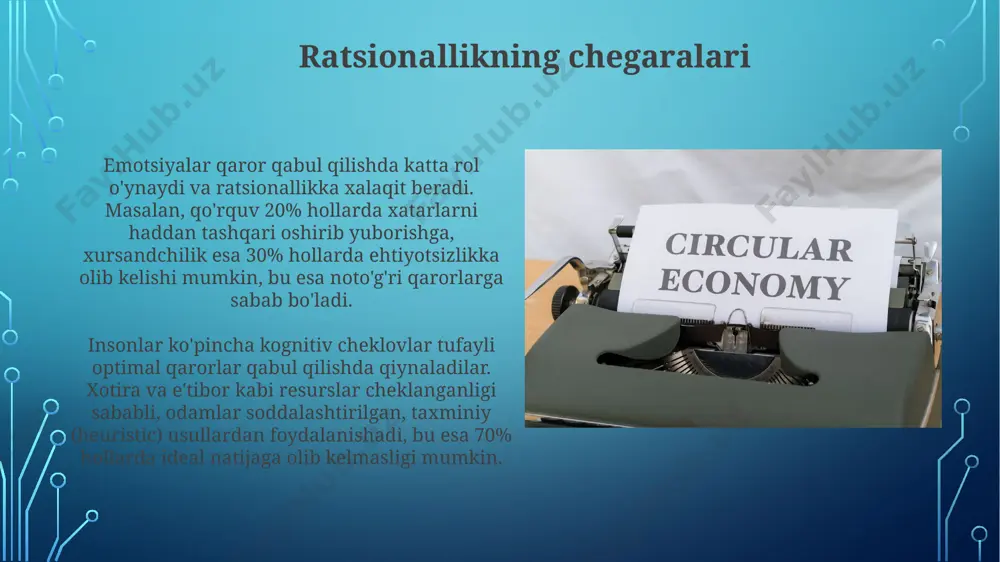 d bo'lsa ham. xulq-atvor iqtisodiyoti tanqidi xulq-atvor iqtisodiyoti tanqidi 1. xulq-atvor iqtisodiyoti tanqidi ratsionallikning universal modeliga asoslangan neoklassik iqtisodiyotdan 100% voz kechmagani, balki uni 90% qo'llab-quvvatlashi bilan bog'liq. xulosa va kelajakdagi yo'nalishlar xulosa: neyroiqtisodiyot ma'lumotlari yordamida xulq-atvor iqtisodiyoti modellarini takomillashtirish orqali qaror qabul qilish jarayonlarini 30% ga yaxshilash mumkin, bu esa yanada aniq bashoratlarga olib keladi. xulosa: kelajakdagi tadqiqotlar ratsionallik chegaralarini hisobga olgan holda, siyosat dizaynining samaradorligini 2 barobar oshirish uchun kognitiv biaslarni aniqlashga qaratilishi kerak. xulq-atvor iqtisodiyoti: kirish xulq-atvor iqtisodiyoti ko'pincha 2 tizimli fikrlash modelidan foydalanadi: 1-tizim tezkor va intuitiv, 2-tizim esa sekin va analitik. ushbu model xatti-harakatlarda kognitiv cheklovlar qanday rol o'ynashini tushuntiradi. xulq-atvor iqtisodiyoti, asosan, qaror qabul qilish jarayonida inson xulq-atvorining ta'sirini o'rganadi. ushbu soha klassik iqtisodiyotning "aqlli agent" tushunchasidan chetga chiqib, kognitiv tarafkashliklarni hisobga oladi. marketingda xulq-atvor iqtisodiyoti ijtimoiy dalil (social proof) tamoyili, ya'ni 70% odamlar bir xil mahsulotni tanlashsa, boshqalarni ham shunga undaydi, bu marketingdagi …